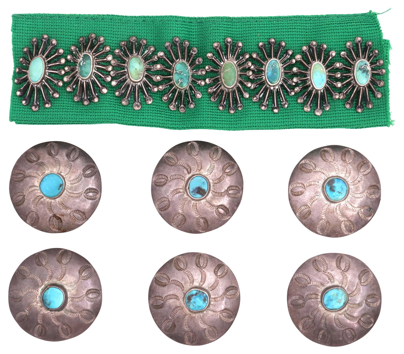 (14) NATIVE AMERICAN SILVER & TURQUOISE CABOCHON SHANK BUTTONS: (lot of 14) Native American silver (content unknown) and turquoise shank buttons, each with central bezel-set turquoise cabochon, including: (6) with swirling stampwork motifs, approx 1 1/8"diam; (8) 