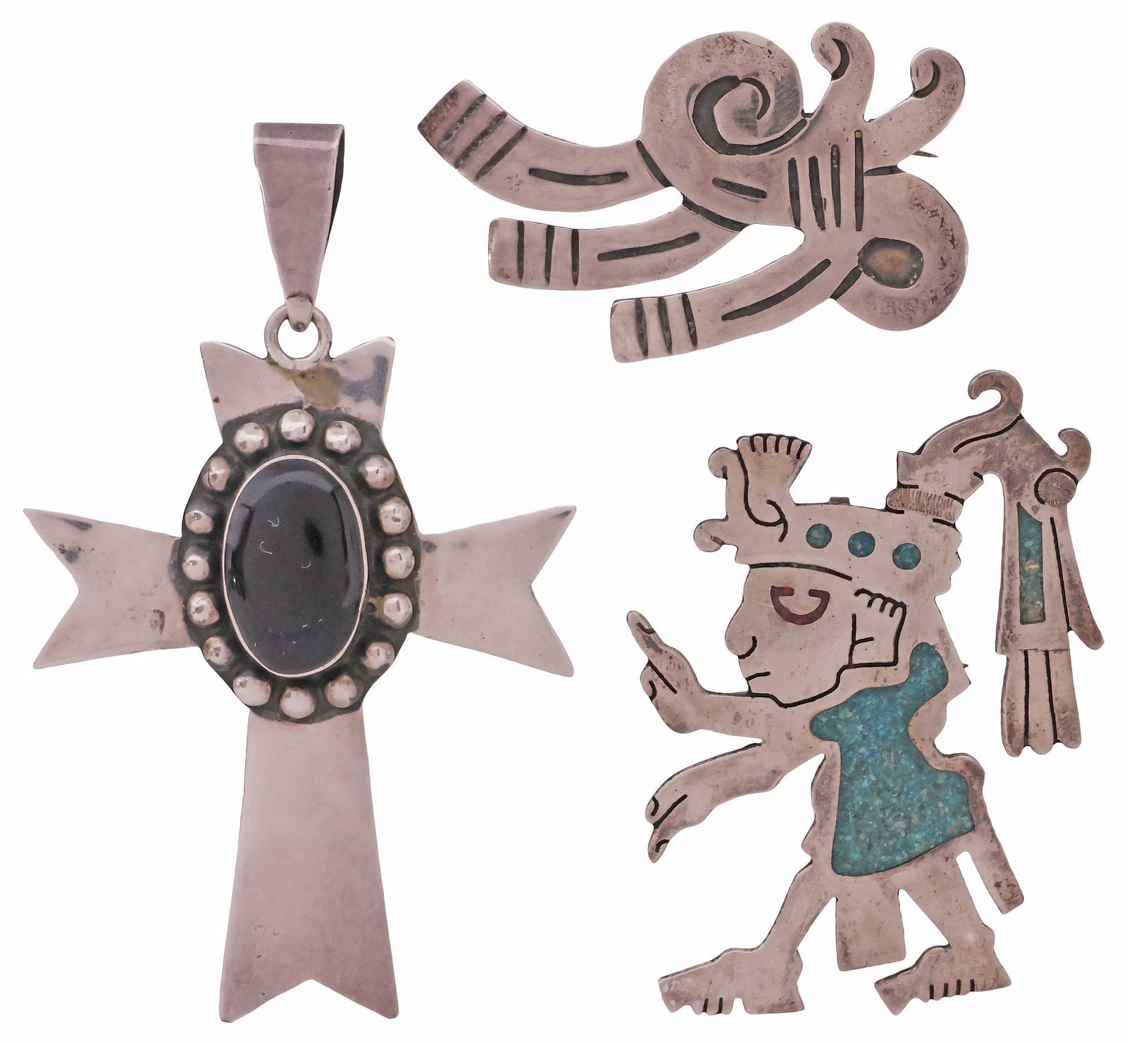 (3) MEXICO STERLING SILVER & INLAID STONE BROOCH & PENDANTS, TAXCO & CITLALI: (lot of 3) Mexican sterling silver jewelry, including: (2) brooches, (one) Taxco, of abstract form, stamped AM, (one) Citlali, Joyas, Mexico, in the form of a figure, with turquoise chip inlay, partia