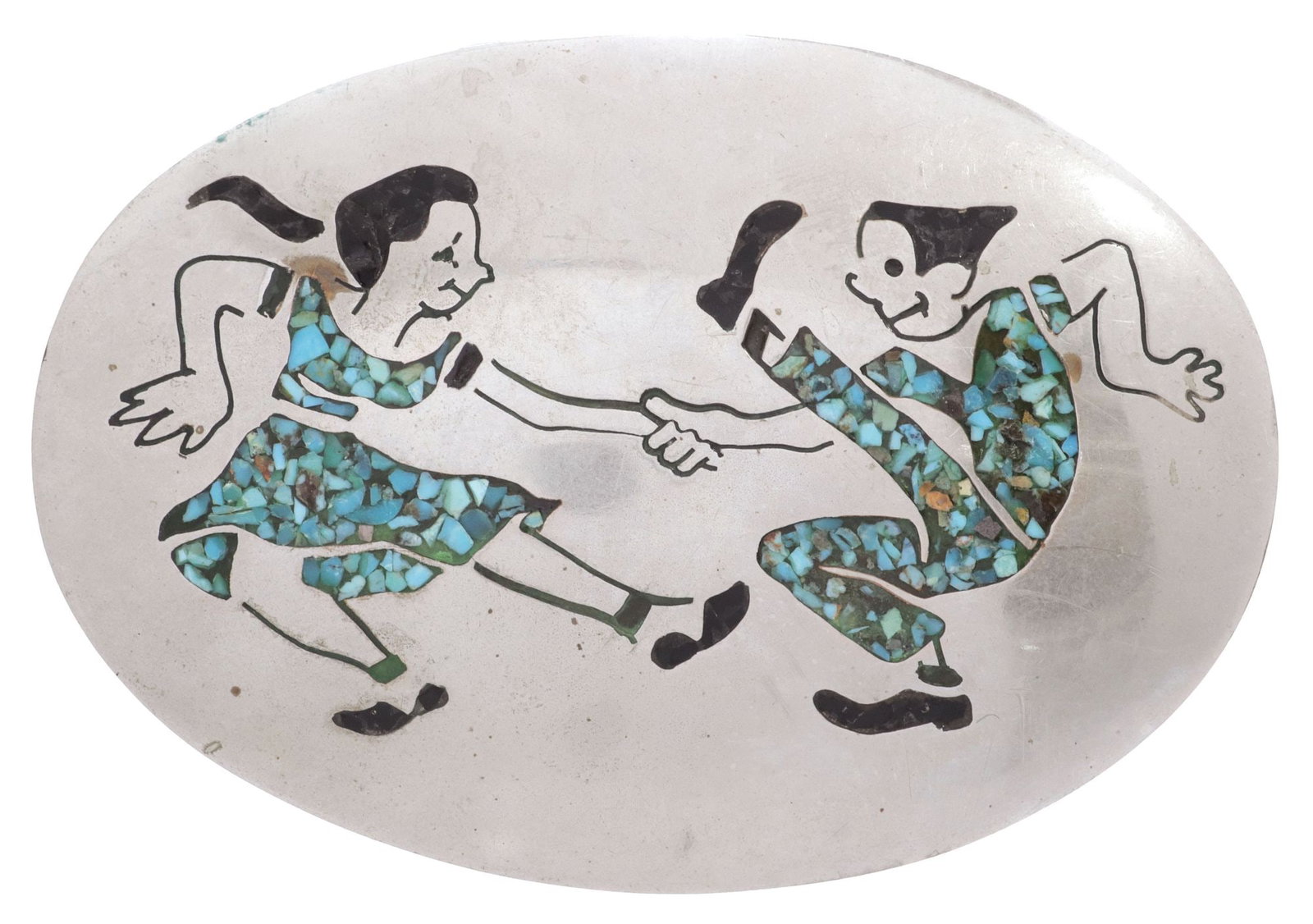 SILVER & TURQUOISE CHIP-INLAID BELT BUCKLE, DANCING COUPLE: Silver (content unknown) and chip-inlaid pictorial belt buckle, large oval plaque with turquoise and slate inlay, depicting a young man and woman square dancing, approx 4"l, 2.75"w, bar: approx 2"w, 7