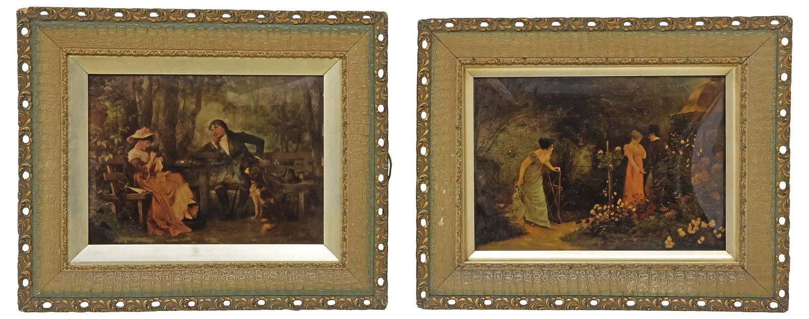 (2) FRAMED VICTORIAN TINTED CRYSTOLEUM PRINTS, 'SECRET MEETING' & 'SMALL TALK': (pair) Framed Victorian crystoleum tinted prints on convex glass, late 19th c., including: (1) "Small Talk," signed in print lower right after Carl (Karl) Schweninger the Elder (German, 1818