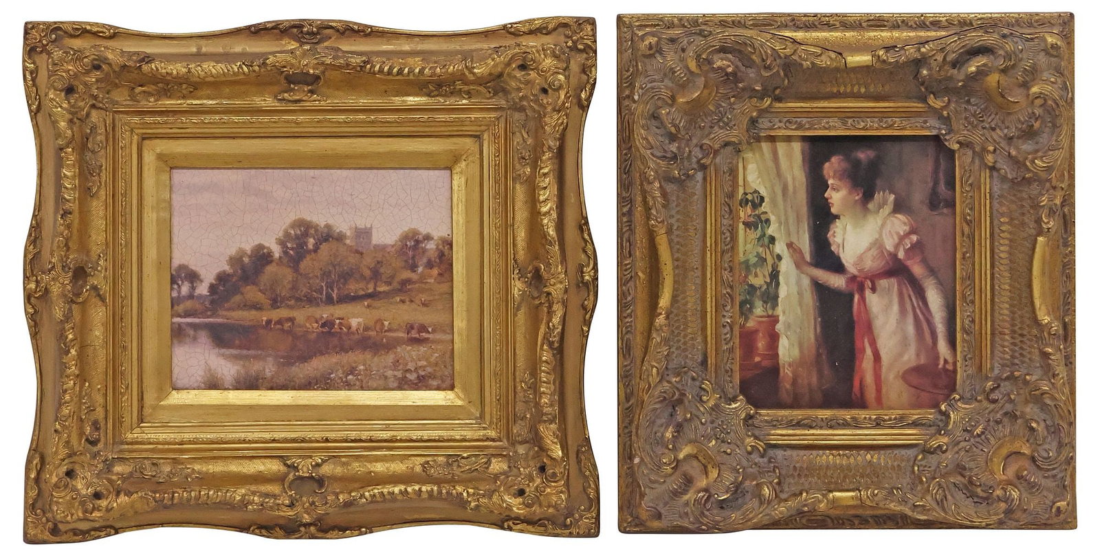 (2) FRAMED ENGLISH SCHOOL PRINTS, FEMALE PORTRAIT & CATTLE LANDSCAPE: (lot of 2) Framed English School prints, including: (1) offset print laid on board, Portrait of a Young Woman Gazing Out of a Window, sight: approx 9.25"h, 7.25"w, overall: approx 17.5"h, 15.5"w; (1) 