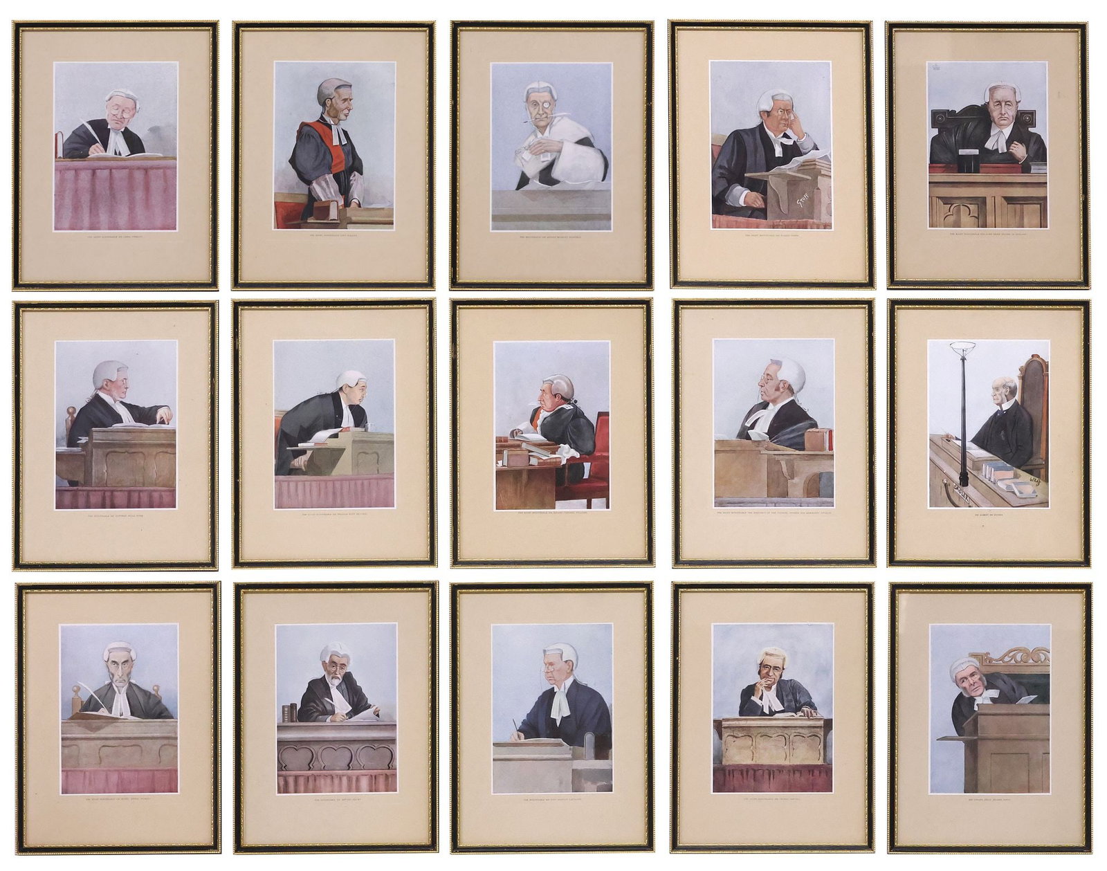 (15) FRAMED VANITY FAIR SPY, WAG & STUFF PRINTS, CARICATURES OF JUDGES: (lot of 15) Framed offset lithographs on paper, Caricatures of Judges and Legal Professionals, after the originals published by Vanity Fair, after various artists, including Spy (Sir Leslie Matthew Wa