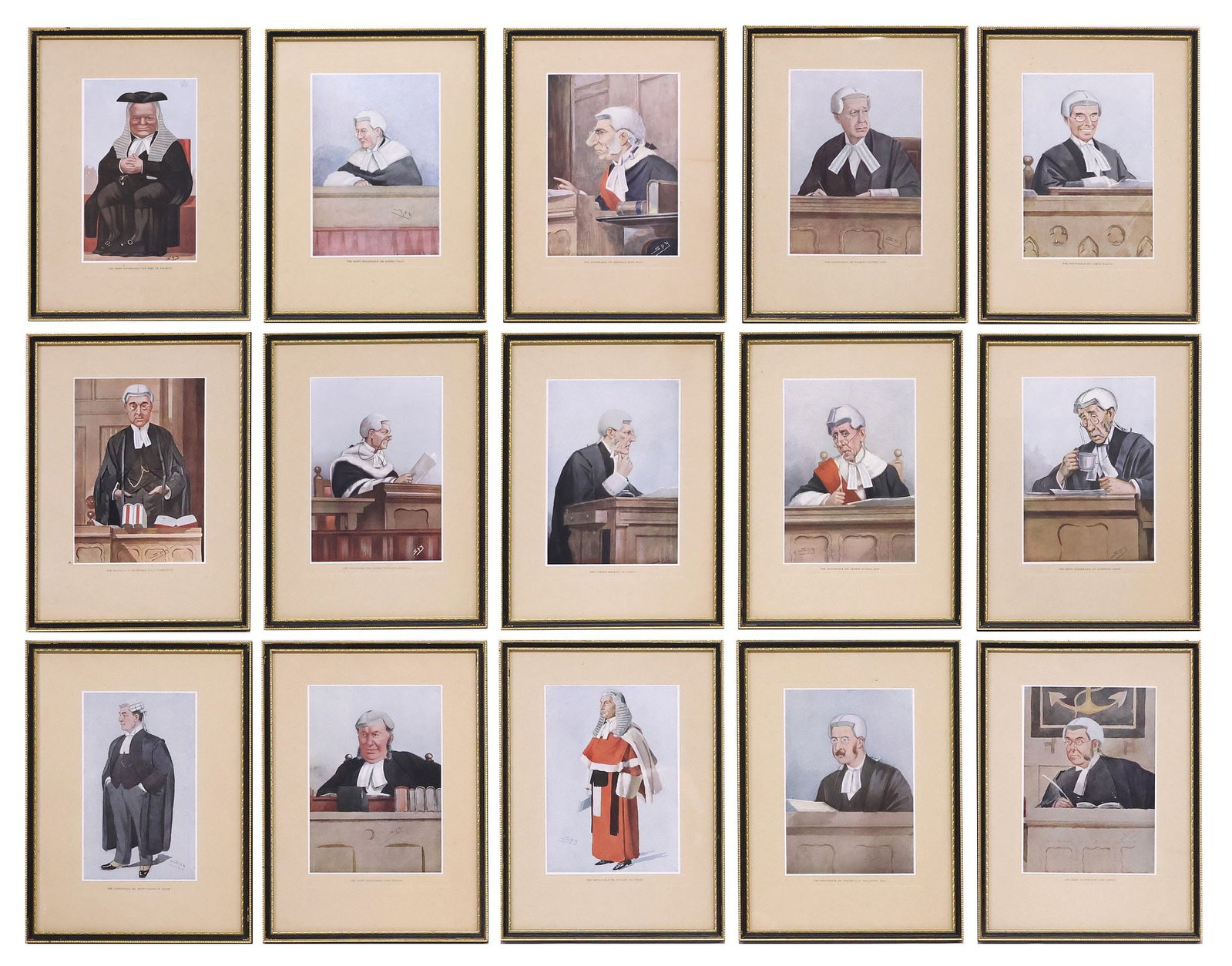 (15) FRAMED VANITY FAIR SPY COLOR PRINTS, CARICATURES OF JUDGES: (lot of 15) Framed offset lithographs on paper, Caricatures of Judges and Legal Professionals, after the originals published by Vanity Fair, signed in print Spy (Sir Leslie Matthew Ward, United Kingdo