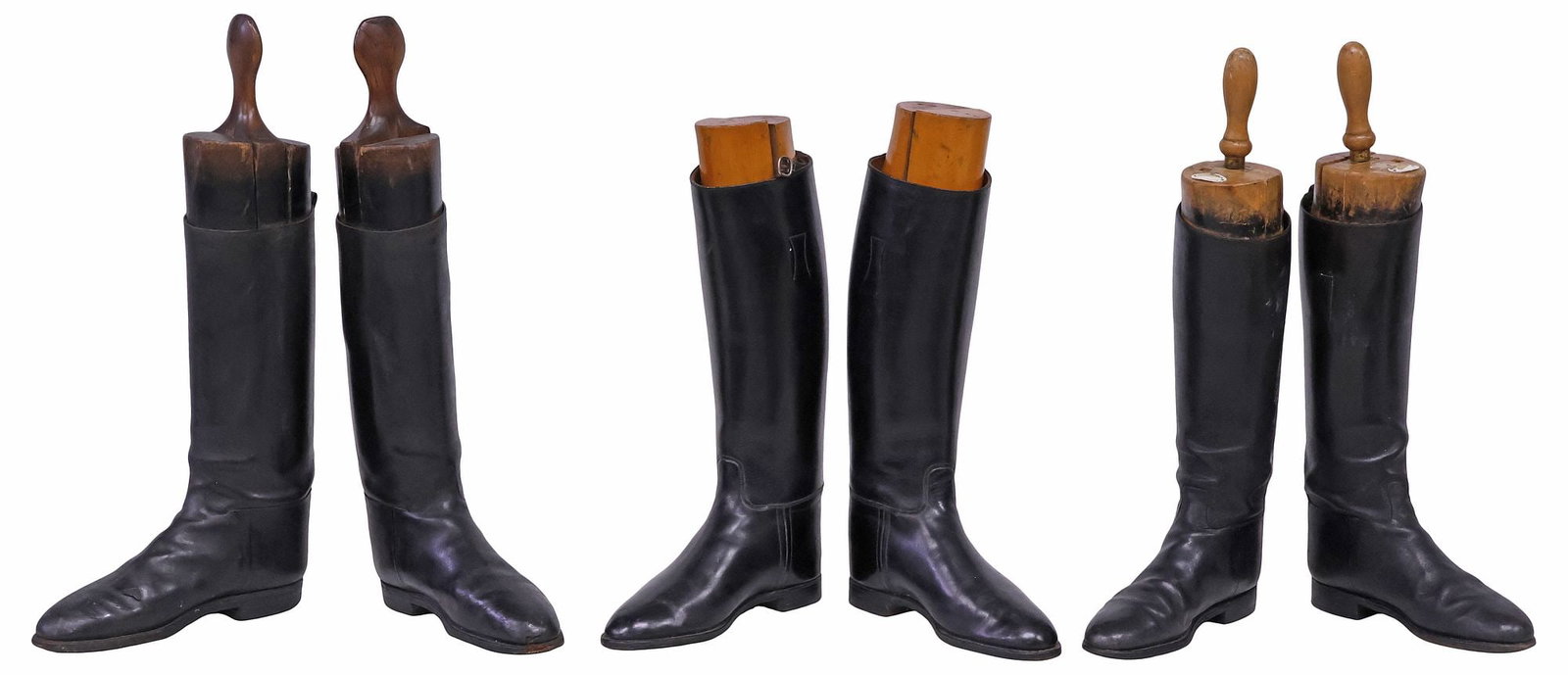 (3 PAIRS) ENGLISH BLACK LEATHER RIDING BOOTS WITH TREES: (lot of 3 pairs) English black leather riding boots, each having pointed toe, with boot tree/ shaper, wear commensurate with use, including: (pair) marked Rowell and Sons, sizing to interior, (pair) m
