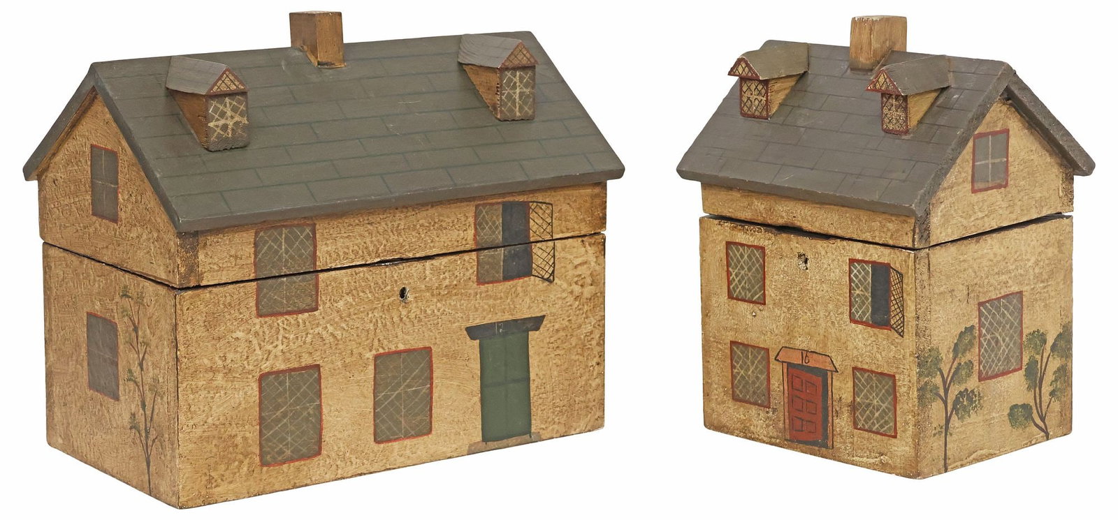 (2) ENGLISH PAINT-DECORATED HOUSE-FORM TABLE BOXES: (lot of 2) English paint-decorated table boxes, 21st c., each in the form of a Georgian-style country house, with dormer windows and chimney, open interior, largest: approx 8"h, 10.25"w, 6.5"d, 3.5lbs