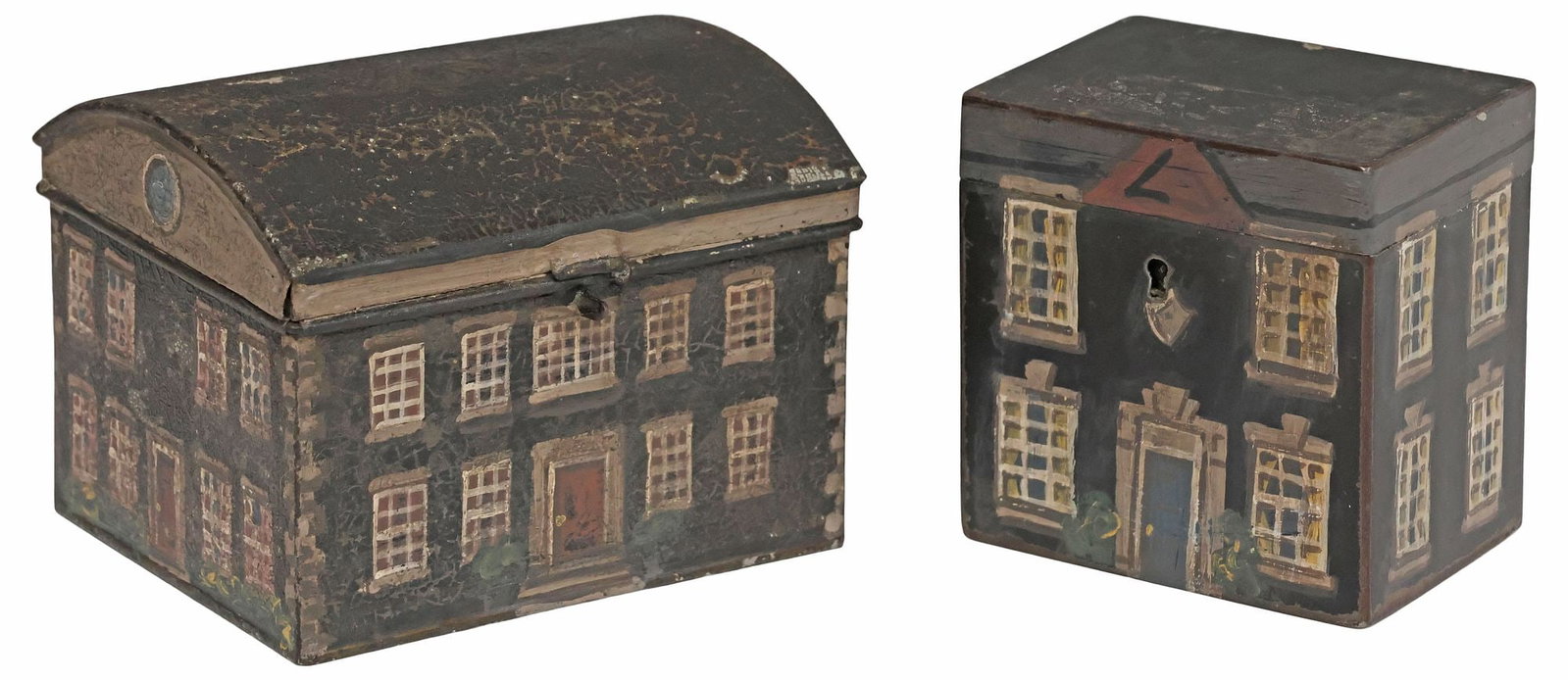 (2) SMALL ENGLISH PAINT-DECORATED METAL HOUSE BOXES / TEA CADDIES: (pair) Small English metal table boxes/ tea caddies, 19th c., each exterior later painted as a Georgian country house facade, open interiors, intentionally distressed, interiors with wear and continue