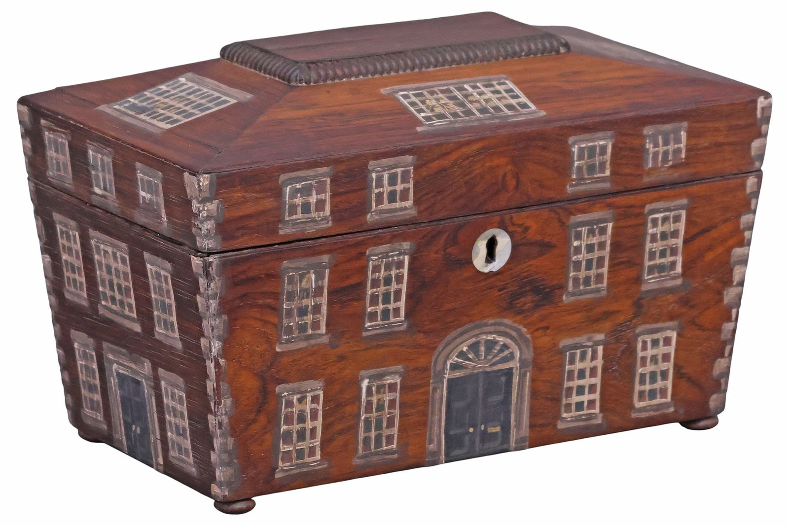 ENGLISH REGENCY PERIOD PAINT-DECORATED HOUSE FACADE TABLE BOX: English Regency period paint-decorated rosewood tea caddy, 19th c., of sarcophagus form, the exterior later painted as a house facade, circular mother-of-pearl escutcheon, worn open interior lacking f