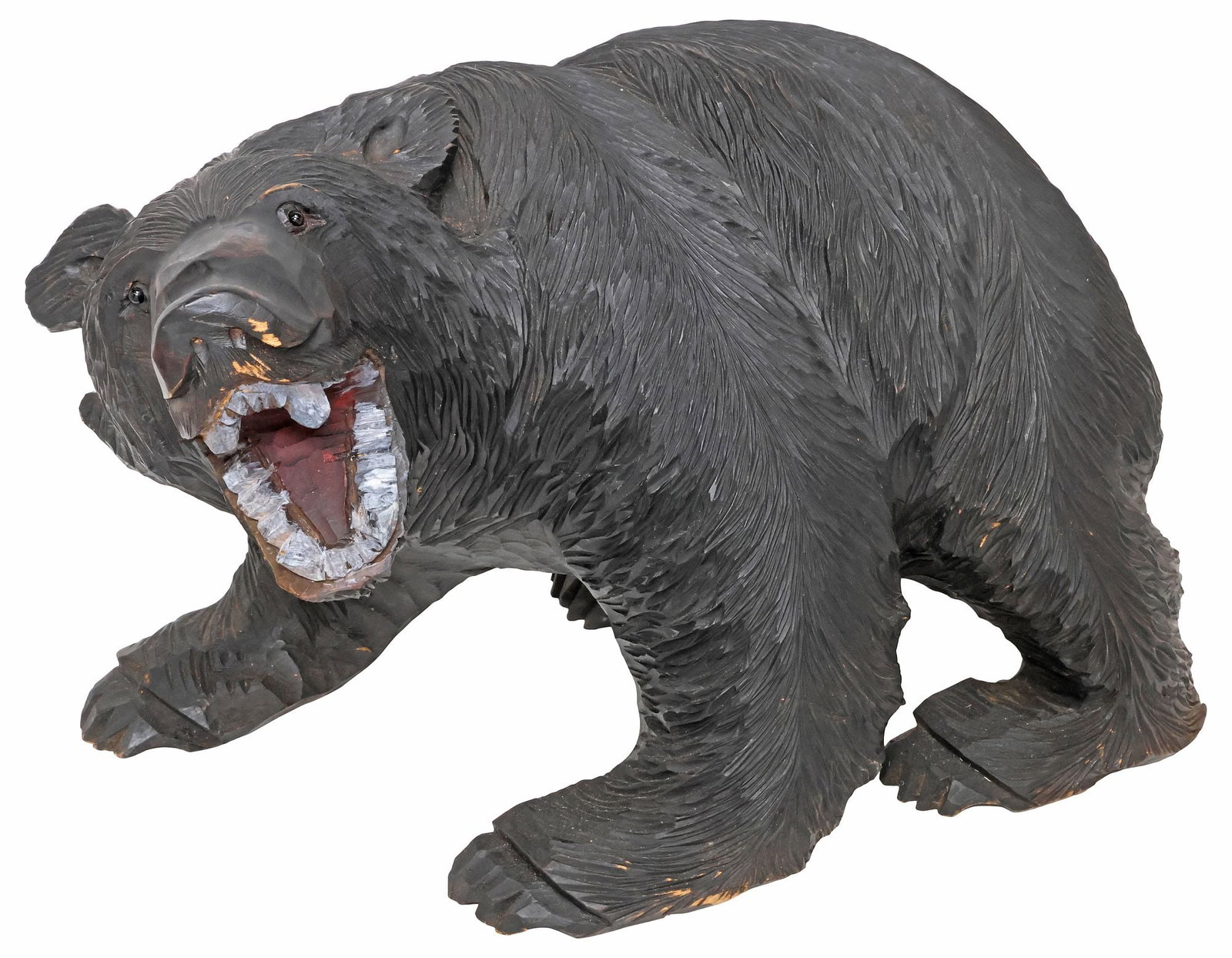 JAPANESE HOKKAIDO AINU STYLE CARVED WOOD BEAR SCULPTURE: Large Japanese Ainu style carved wood bear sculpture, likely Hokkaido, modeled as a standing bear with mouth agape, inset glass eyes, approx 11.75"h, 17"w, 12"d, 18.25lbs