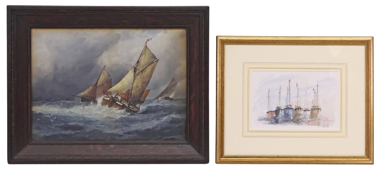 (2) ENGLISH NAUTICAL ART, BEN MAILE (D.2017) WATERCOLOR & PRINT AFTER F.J. ALDRIDGE: (lot of 2) Framed artwork on paper, including: (1) watercolor painting, Fleet of Sailboats, pencil signed lower right Ben Maile (English, 1922-2017), sight: approx 7"h, 10.5"w, overall: approx 15.75"h