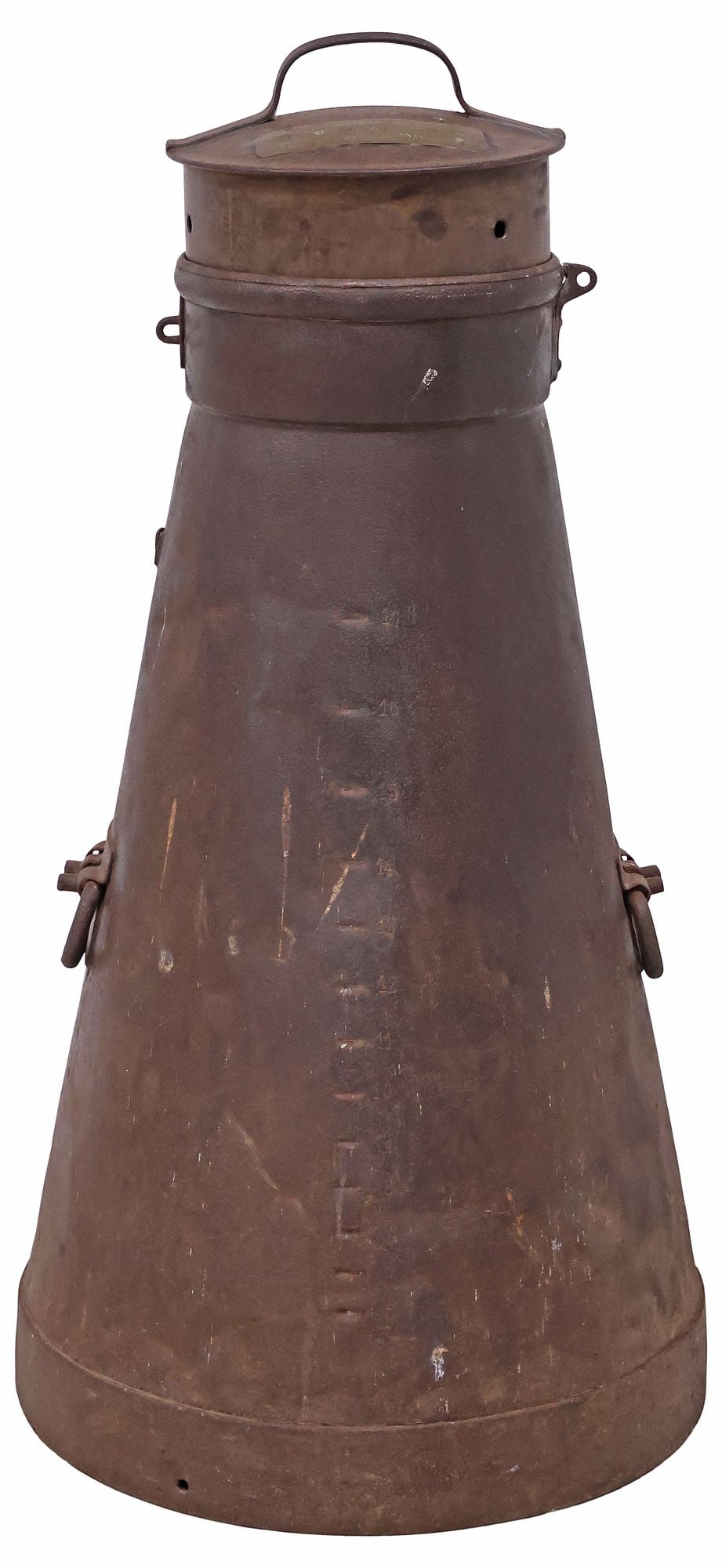 ENGLISH SHEET IRON CONICAL RAILWAY MILK CHURN, EARLY 20TH: English sheet iron milk churn, early 20th c., inscribed "Empty T.W. Thornburrow Morecambe Prom. STN. (Morecambe Promenade Railway Station)," handled cylindrical top, over conical body, flanked by dual