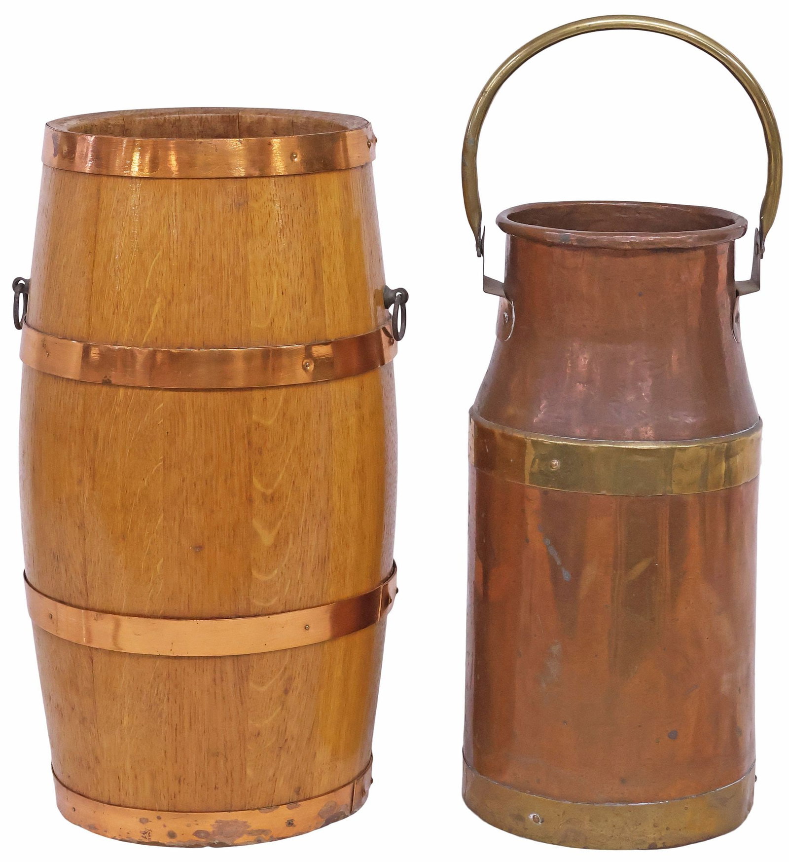 (2) ENGLISH BRASS & COPPER BOUND VESSELS, MILK CHURN & UMBRELLA / STICK STAND: (lot of 2) English metal-bound vessels, early 20th c., including: (1) Edwardian coopered oak barrel-form umbrella/ stick stand, flanked by dual drop-ring handles, with copper stave bands, approx 19"h,