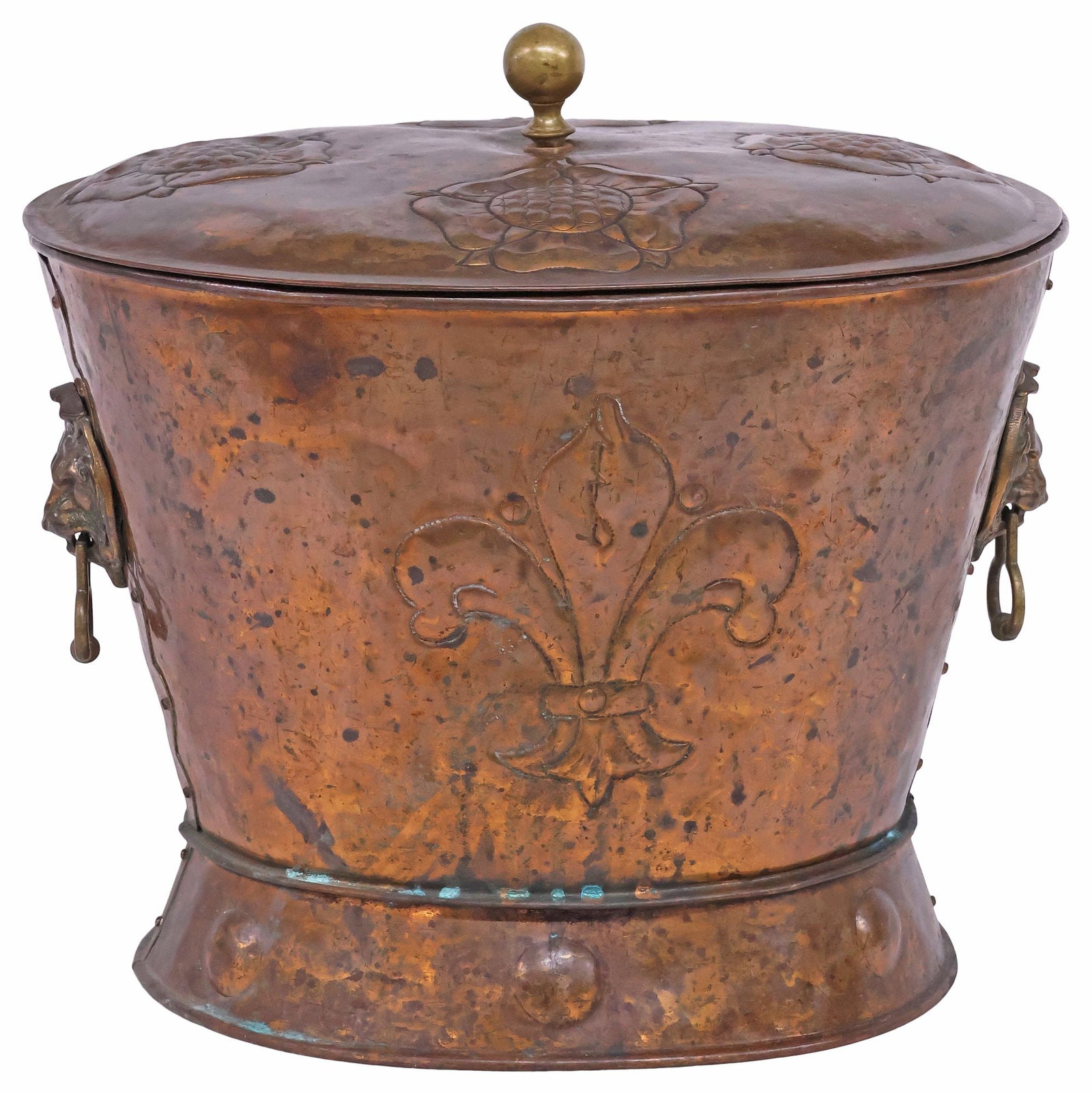 ENGLISH REPOUSSE COPPER & BRASS COVERED COAL BIN / BUCKET: English Victorian copper covered coal bucket, late 19th c., cover having brass ball finial, over tapered body, with repousse fleur-de-lis motifs, flanked by dual lion's mask drop ring handles, approx 