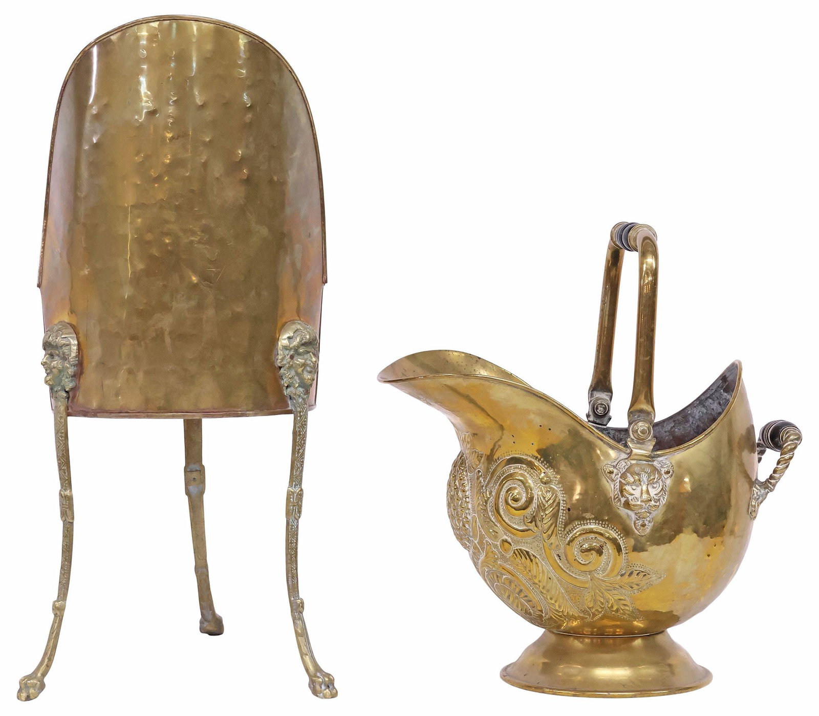 (2) ENGLISH BRASS COAL VESSELS, REPOUSSE SCUTTLE & TRIPOD BIN: (lot of 2) English Edwardian brass coal vessels, early 20th c., including: (1) scuttle, having swing handle, over repousse body with pineapple motif and scrolling foliates, approx 18.5"h, 13"w, 17.25"