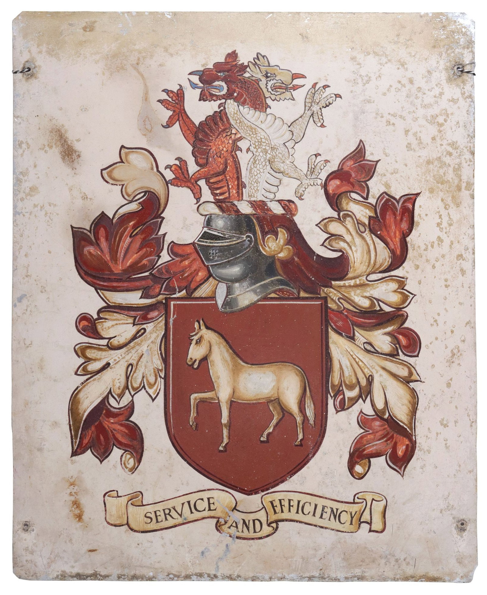 ENGLISH PAINTED METAL PUB SIGN, COAT OF ARMS: Decorative English painted metal pub advertising sign, bearing a coat of arms, with griffin, knight, and horse motifs, inscribed "Service and Efficiency," approx 23"h, 18.75"w **PLEASE NOTE: All of th