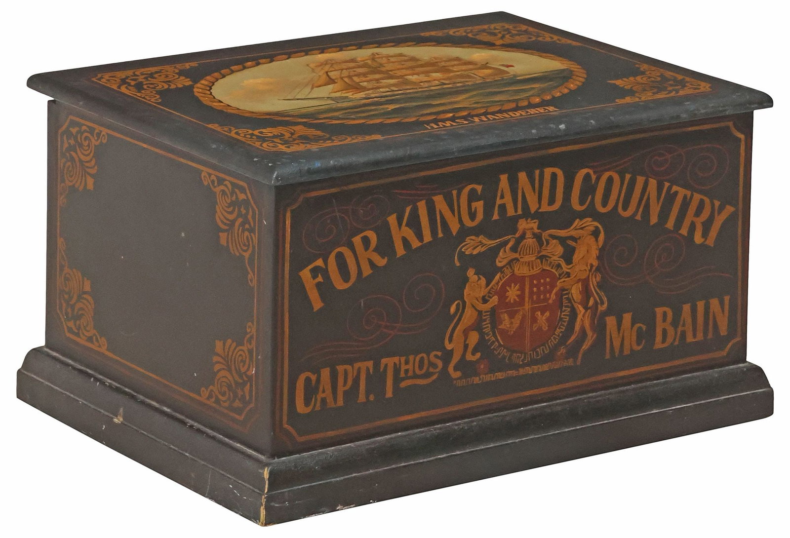 ENGLISH NAUTICAL MOTIF 'HMS WANDERER' PAINT DECORATED STORAGE CHEST: English paint-decorated nautical motif storage chest, late 20th c., the hinged lid decorated with a three-masted sailing vessel, "H.M.S. Wanderer," the front with heraldic crest and motto "For King an