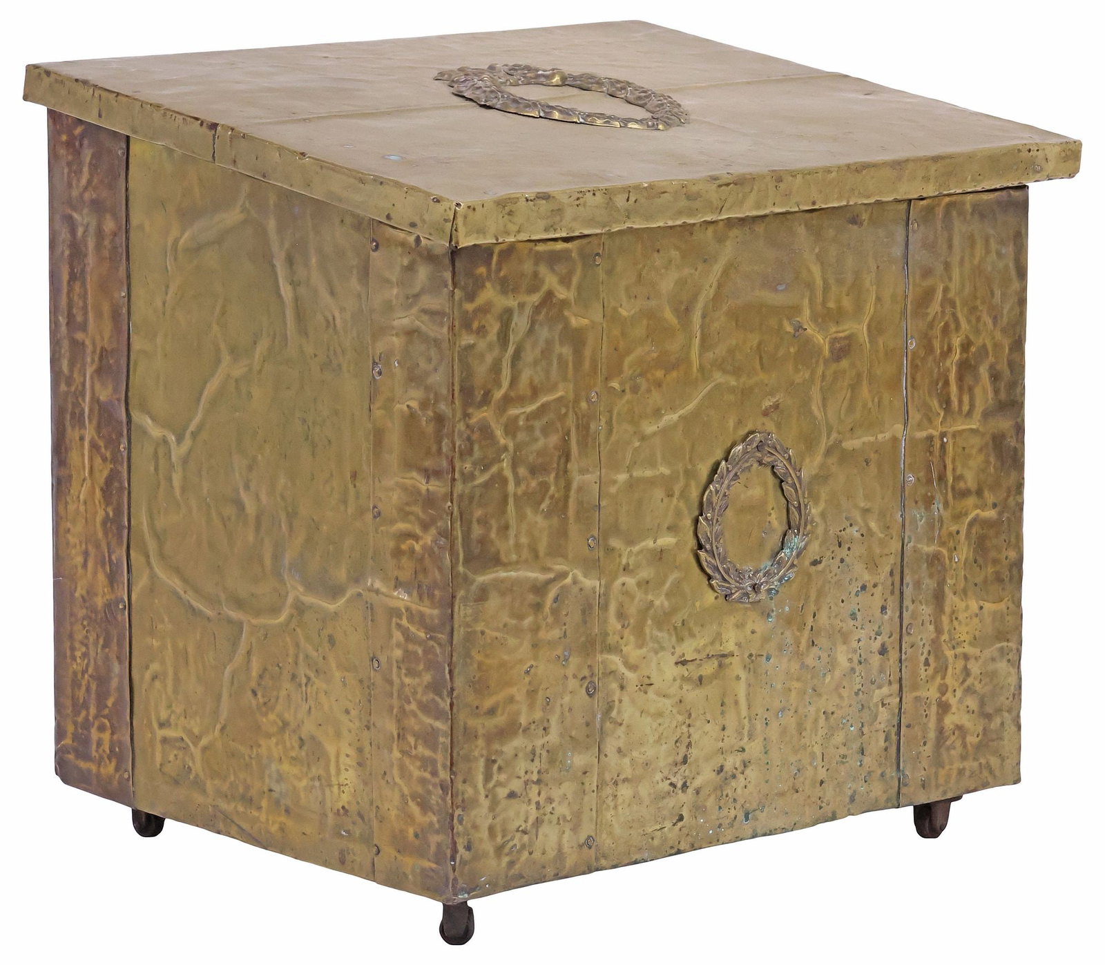 ENGLISH BRASS-CLAD COAL BIN / BOX ON CASTERS, EARLY 20TH C.: English brass-clad metal coal box, early 20th c., having hinged slanted top, over rectangular body, with applied wreath motifs, rising on casters, approx 16 1/8"h, 16 7/8"w, 14"d, 30.5lbs