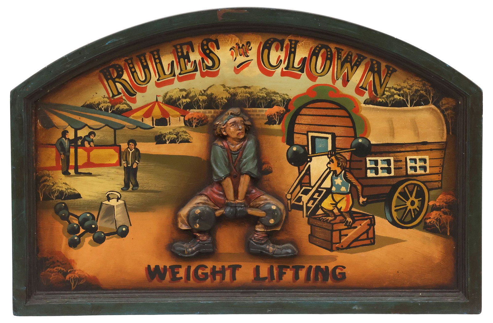 DECORATIVE ENGLISH PAINTED SHOP SIGN, RULES THE CLOWN WEIGHT LIFTING: English decorative painted sign, late 20th c., circus landscape with central weightlifting clown in relief, inscribed "Rules the Clown, Weight Lifting," approx 15.75"h, 24"w, 4.25lbs