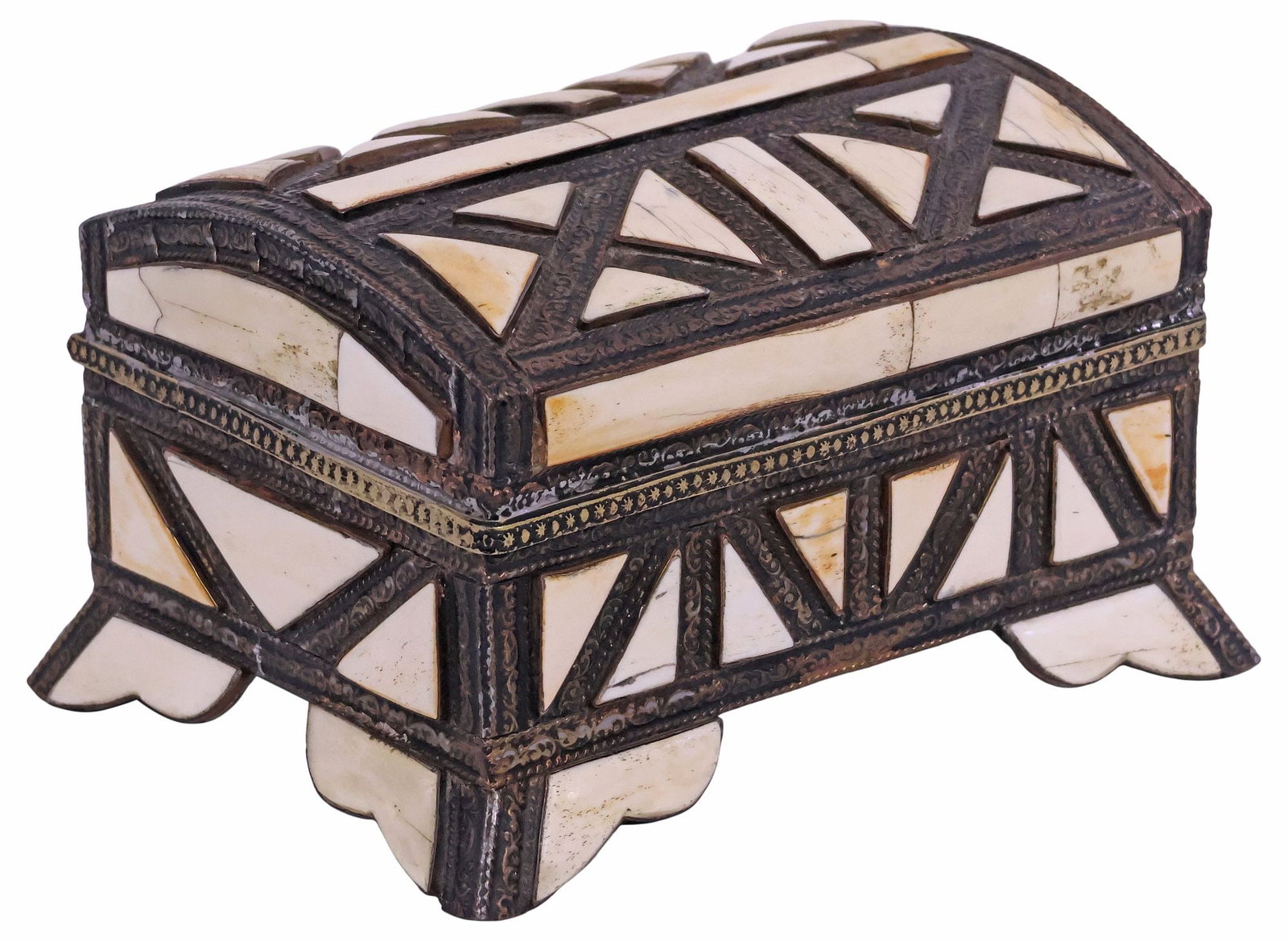 MOROCCAN METAL & BONE-CLAD DOMED TABLE BOX / JEWELRY CHEST: Moroccan patinated metal and bone-clad table box, domed rectangular case, with geometric bone panels, framed by repousse foliate scrollwork, hinged cover revealing black velvet-lined interior, on brac