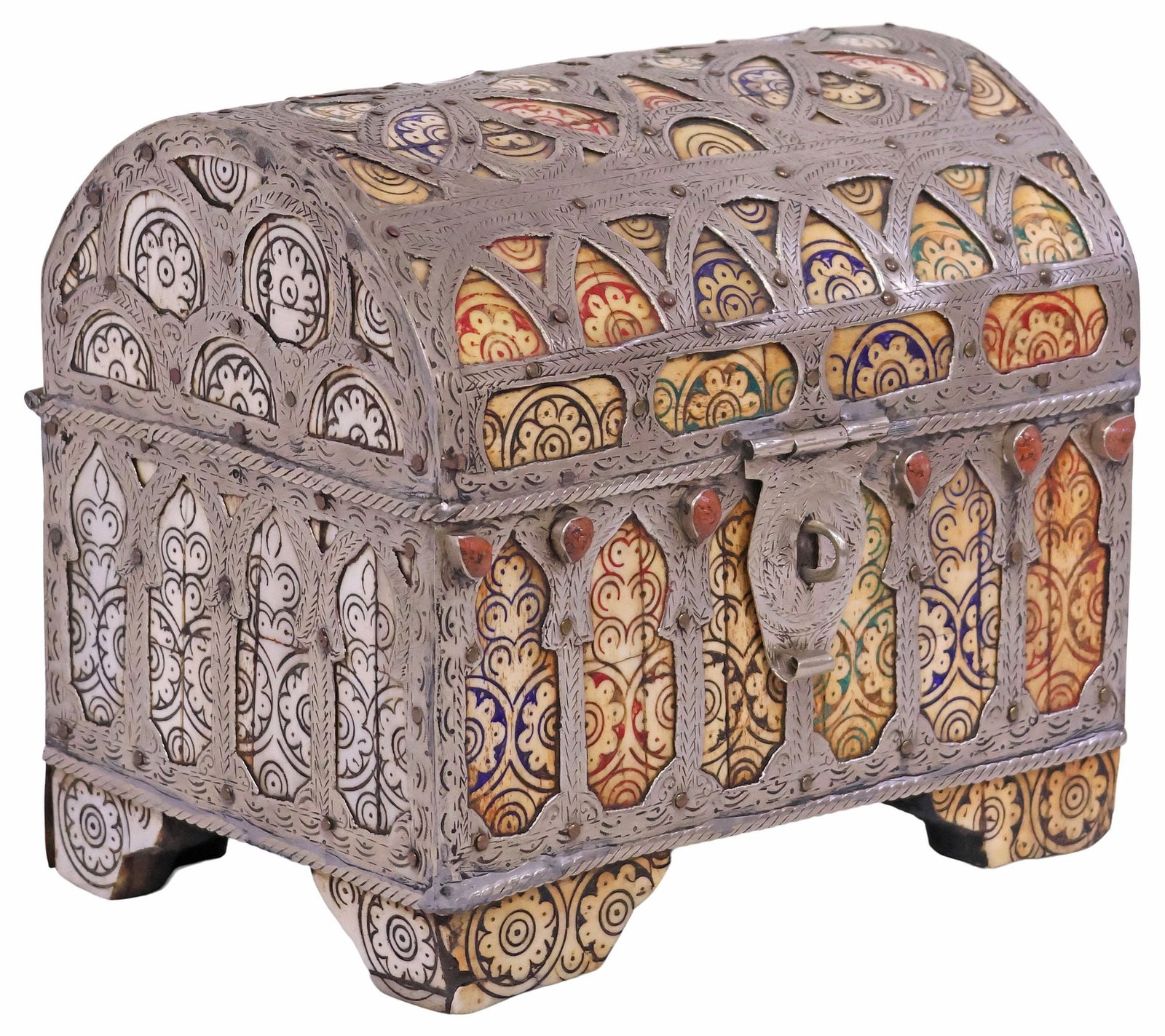 MOROCCAN METAL & BONE-CLAD DOMED TABLE BOX / JEWELRY CHEST: Moroccan silver-tone metal and bone-clad table box, domed rectangular case mounted with architectural arches and colonnades, inlaid panels with polychrome-painted decoration, set with (six) red stone 