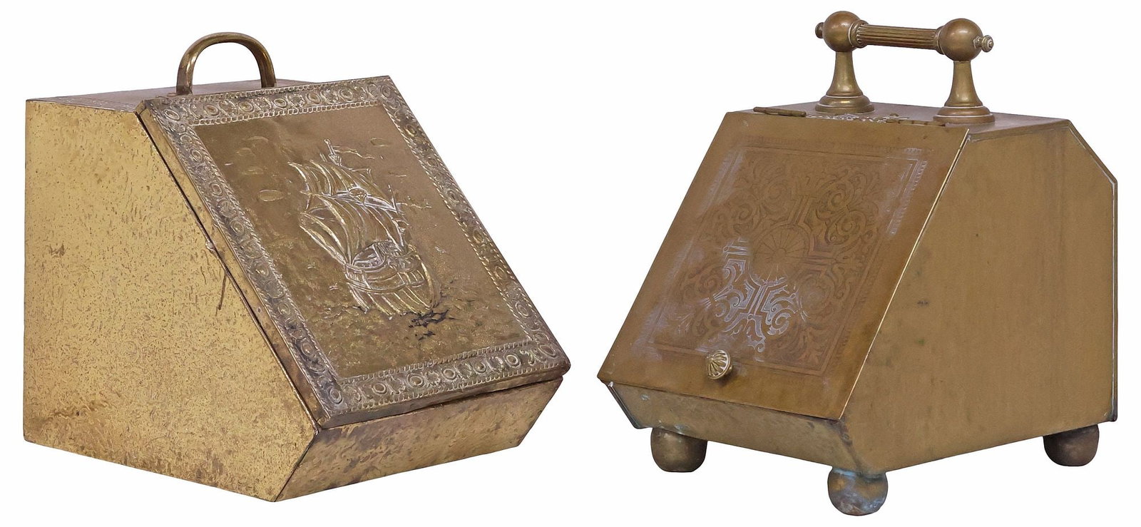 (2) ENGLISH COAL HODS, BRASS & BRASS-CLAD WOOD, EARLY 20TH C.: (lot of 2) English coal hods, early 20th c., including: (1) brass-clad wood, with arched handle, over slanted lid, with central ship motif and twisted rope trim, approx 15"h, 2"w, 15 1/8"d; (1) brass 