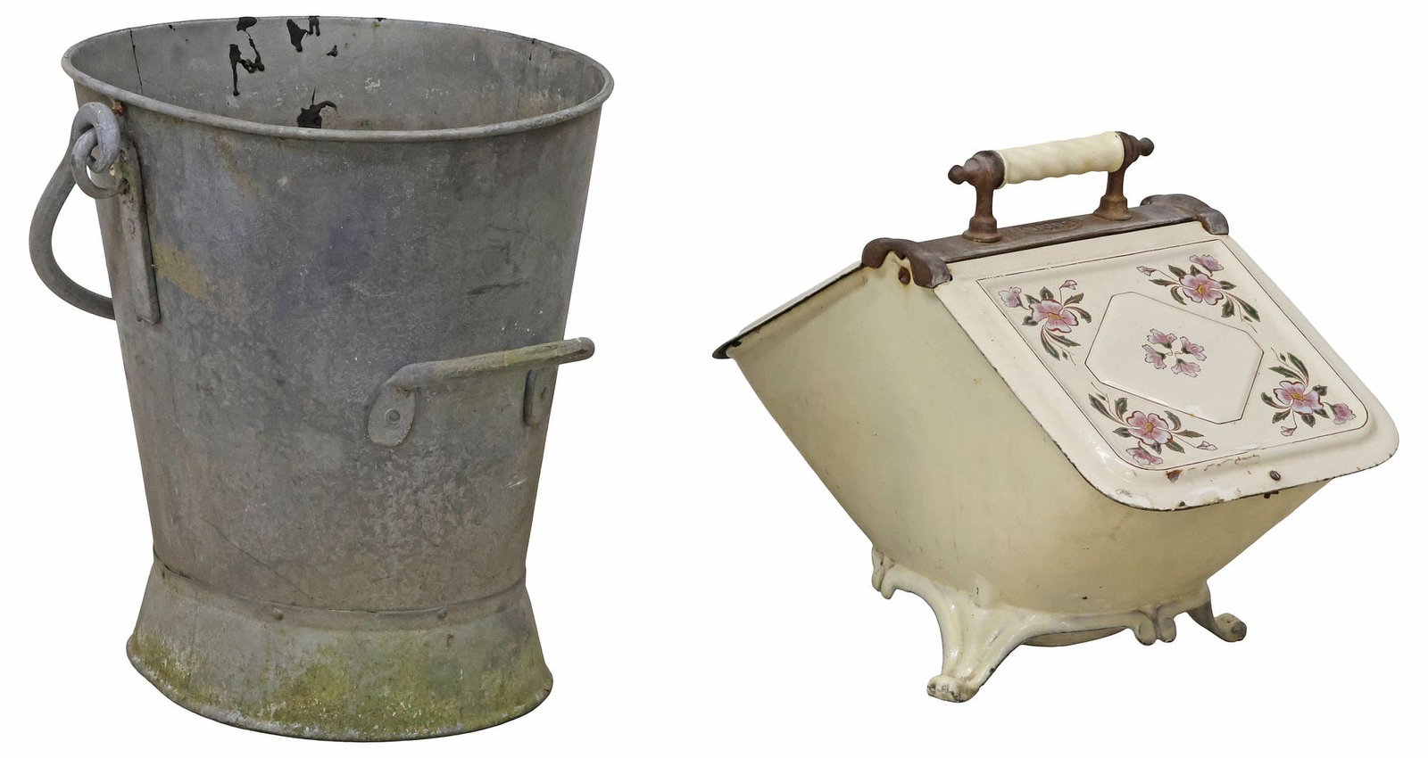 (2) FRENCH ENAMELED CAST IRON & ZINC COAL BINS/ HODS, 1 GODIN-LEMIARE: (lot of 2) French metal coal bins/ hods, early 20th c., including (1) enameled cast iron, Godin-Lemaire, having twisted handle, over dual hinged lids, with polychrome floral motifs, on scrolled feet, 
