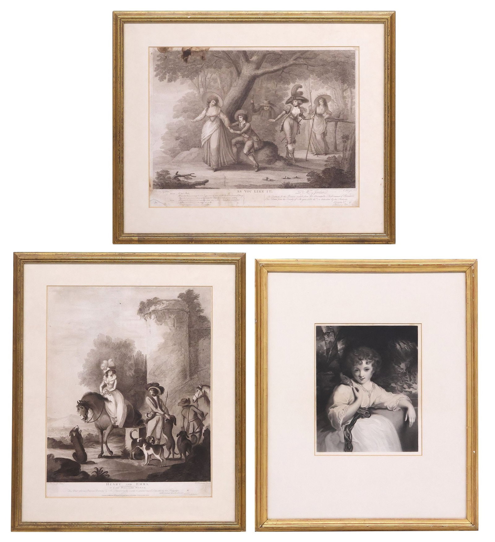 (3) INTAGLIO PRINTS AFTER SIR JOSHUA REYNOLDS (D.1792) & H. BUNBURY (D.1811): (lot of 3) Framed intaglio prints on paper, including: (2) engraved by W. Dickinson (William Dickinson, English, 1746-1823), after the originals by H. Bunbury (Henry William Bunbury, English, 1750-181