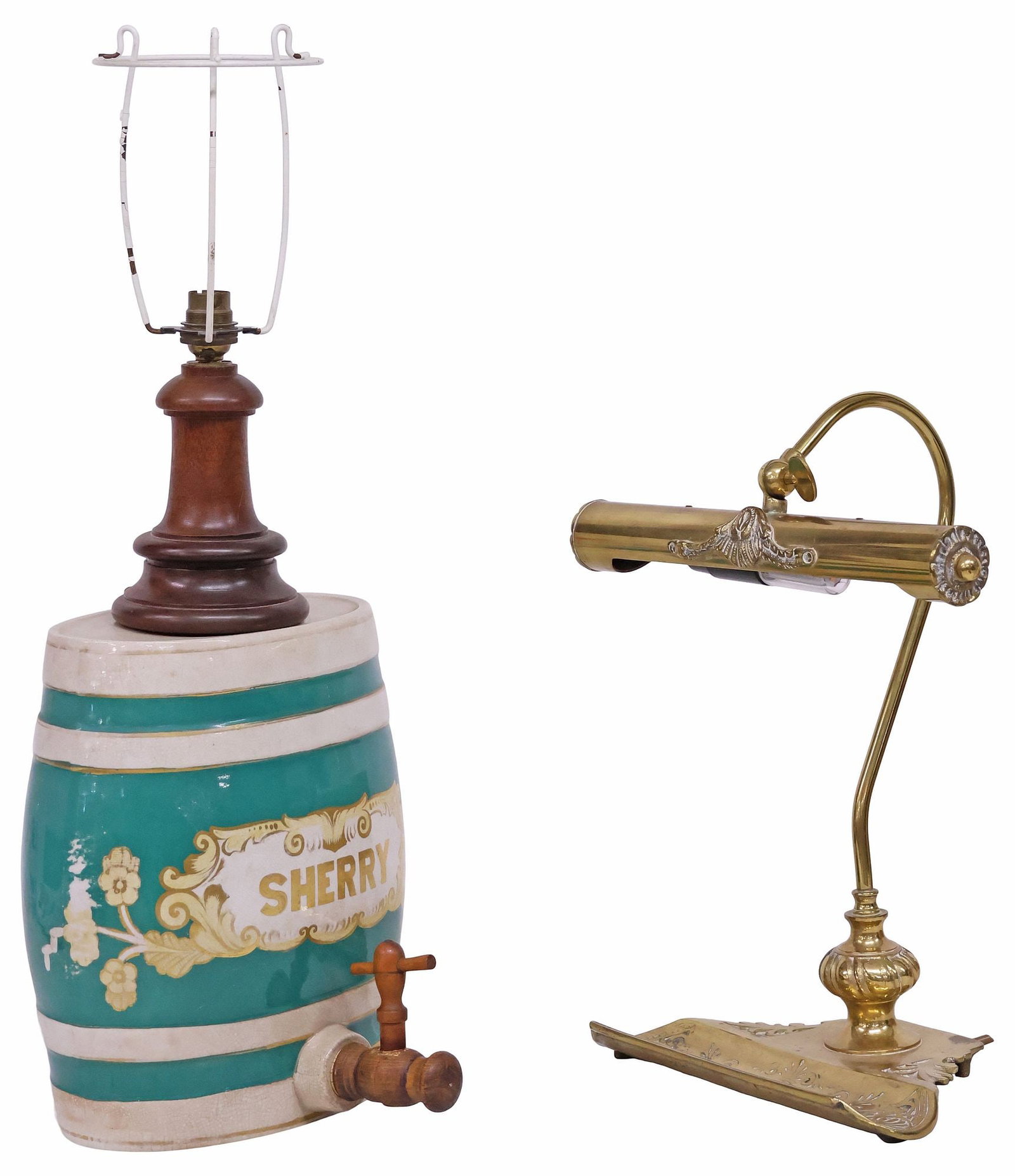 (2) ENGLISH BRASS DESK LAMP & BARREL-FORM SHERRY DISPENSER LAMP: (lot of 2) English single-light table lamps, early 20th c., including: (1) brass desk lamp, scrolled arm with adjustable shade, rising on footed base with chased foliate scrollwork and pen rest, appro