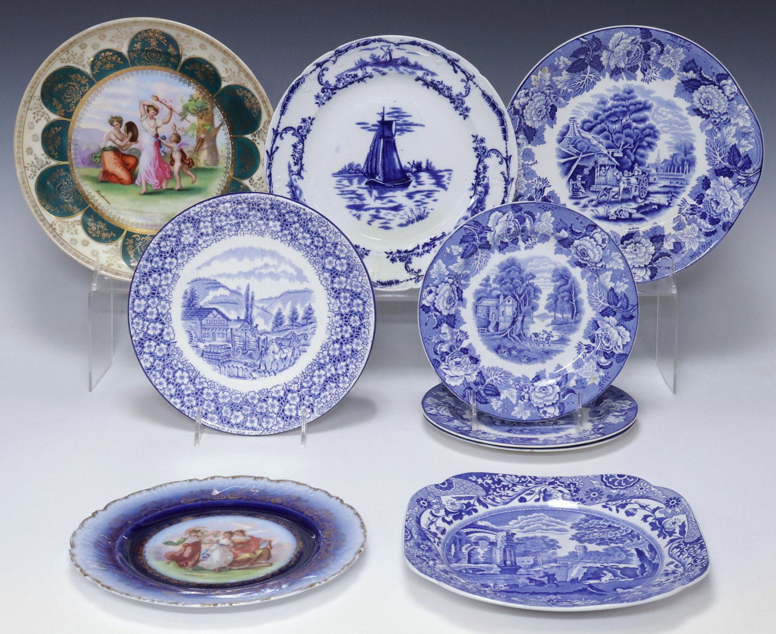 (9) COLLECTION OF BLUE & WHITE & PARCEL-GILT TRANSFERWARE CABINET PLATES: (lot of 9) Collection of transferware cabinet plates, various makers and patterns, each marked underfoot, highlights include: (1) blue and white plate, F. Winkle, in the "Delph" pattern, approx 9.5"di
