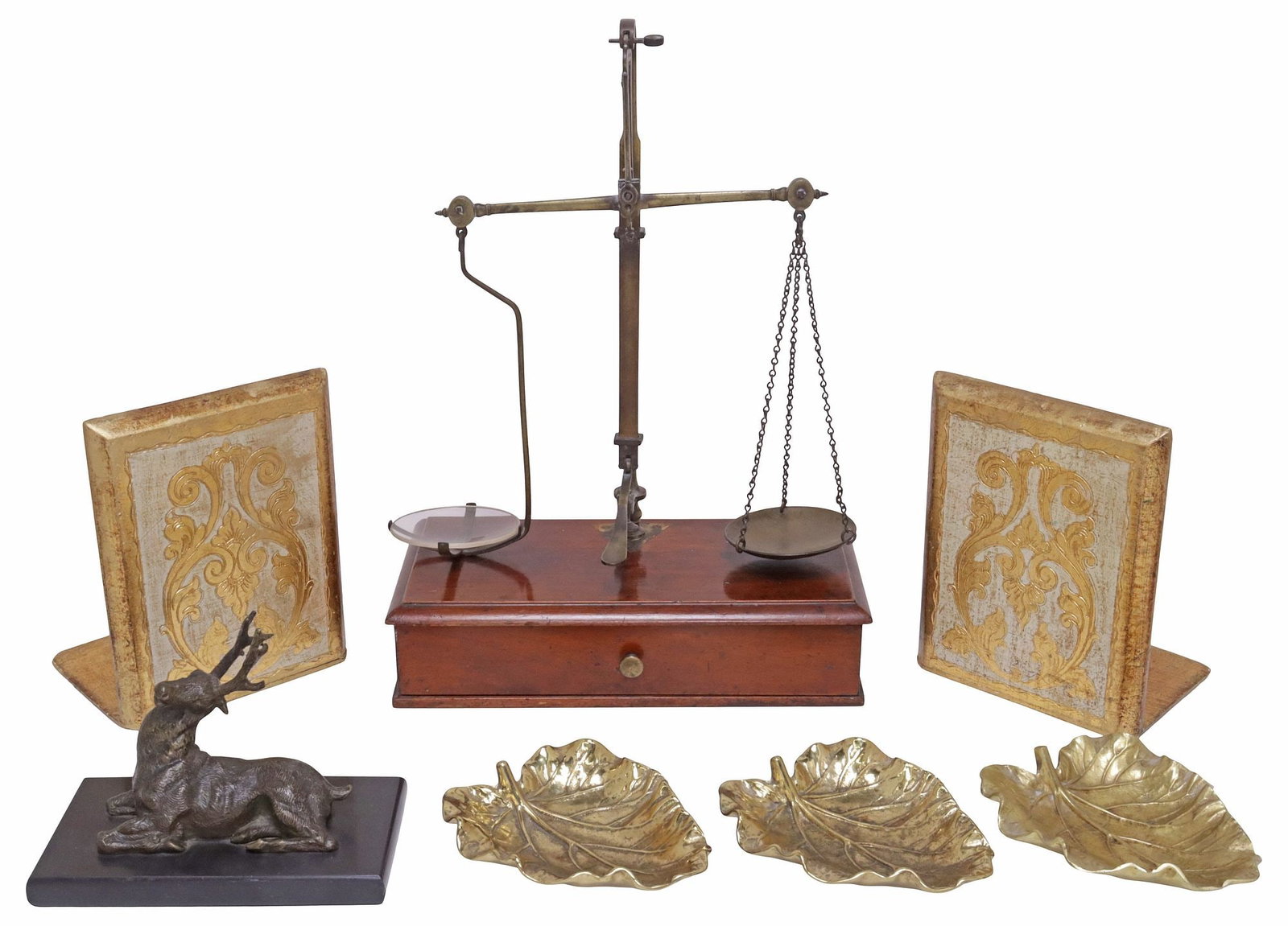(7) DESK ITEMS: BRONZE STAG, GILT BOOKENDS, LEAF DISHES & BALANCE SCALE: (lot of 7) Collection of tableware and desk accessories, including: (3) gilt-brass leaf-form dishes, attributed to Virginia Metalcrafters, each with ruffled edge, two with partially-obliterated maker'