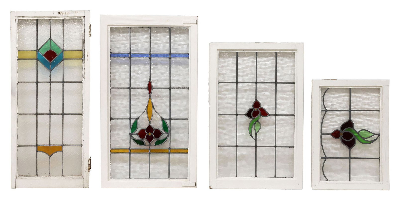 (4) ENGLISH STAINED & LEADED GLASS ARCHITECTURAL WINDOWS: (lot of 4) English architectural stained and leaded glass windows, early 20th c., worn white-painted wood frames, encasing textured, clear and multicolored glass panels, forming geometric and floral d