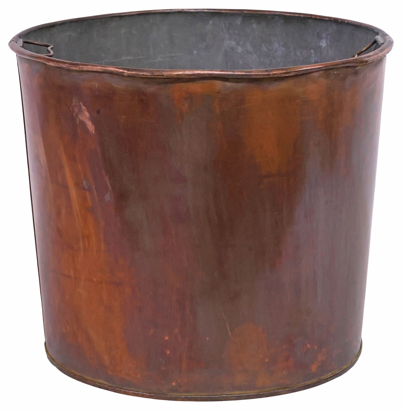 LARGE ENGLISH COPPER HANDLED BUCKET, LATE 19TH C.: English copper bucket, late 19th c., rolled rim, flanked by small shaped folding handles, over cylindrical body, approx 16"h, 17.25"diam, 8.25lbs