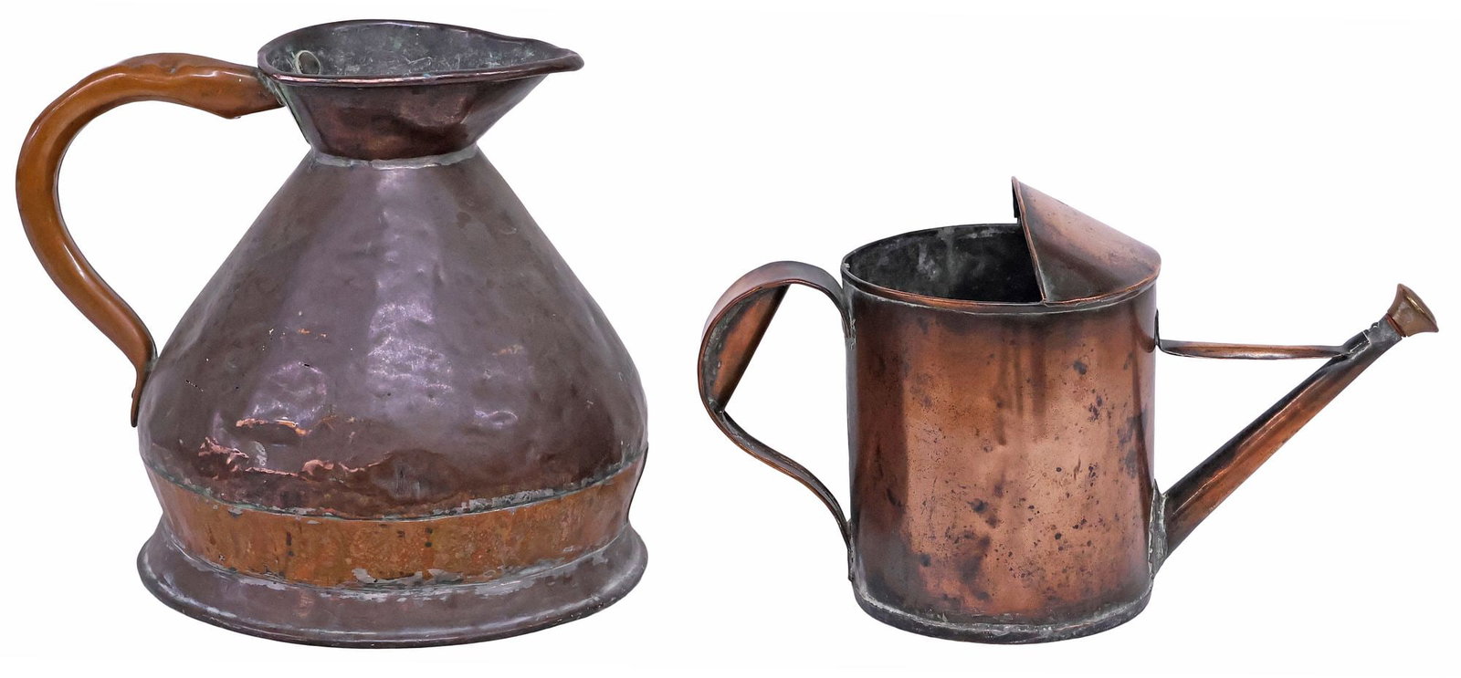 (2) ENGLISH COPPER VESSELS, WATERING CAN & 1-GALLON HARVEST JUG: (lot of 2) English copper vessels, 19th c., including: (1) one-gallon harvest jug, with single rolled handle, partially obliterated touchmark to interior of spout, approx 10"h, 12"w, 9.25"d; (1) water