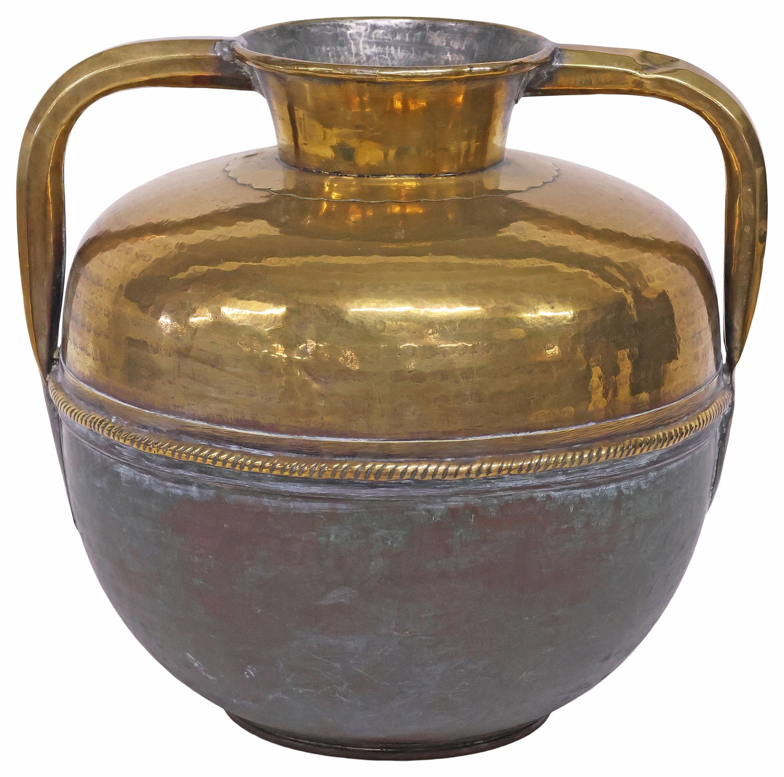 LARGE HANDLED BRASS & COPPER URN / MILK JUG, LATE 19TH C.: Large brass and copper urn/ milk jug, late 19th c., having bulbous body, with central chased band, flanked by dual handles, approx 14.25"h, 15.25"w, 14.5"d, 9lbs