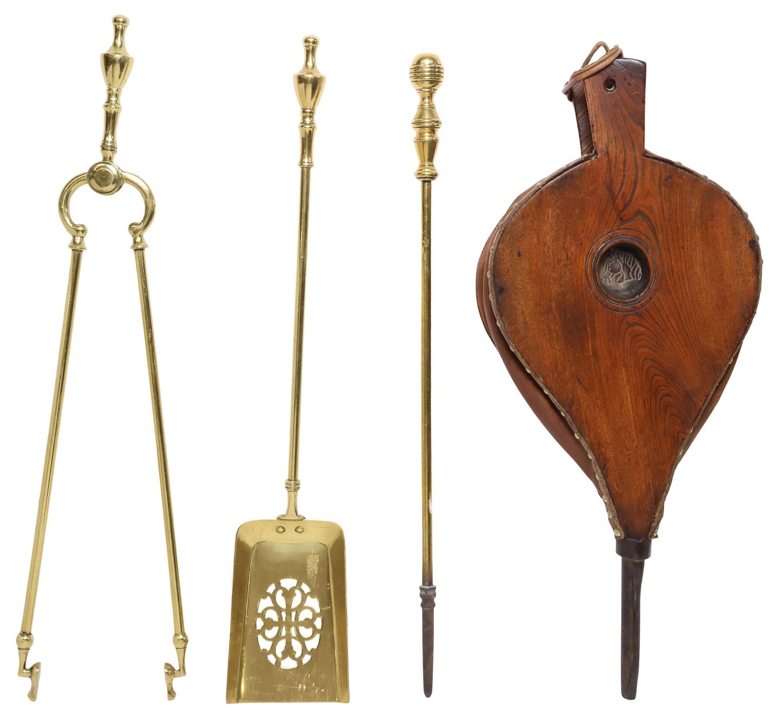 (4) ENGLISH FIREPLACE ACCESSORIES, BRASS TOOL SET & OAK BELLOW: (lot of 4) English fireplace accessories, late 19th c., including: (1) brass tool set, comprising (one) pair of tongs, approx 27 1/8"l, (one) poker, approx 25 5/8"l, (one) scoop, approx 26 1/8"l; (1) 
