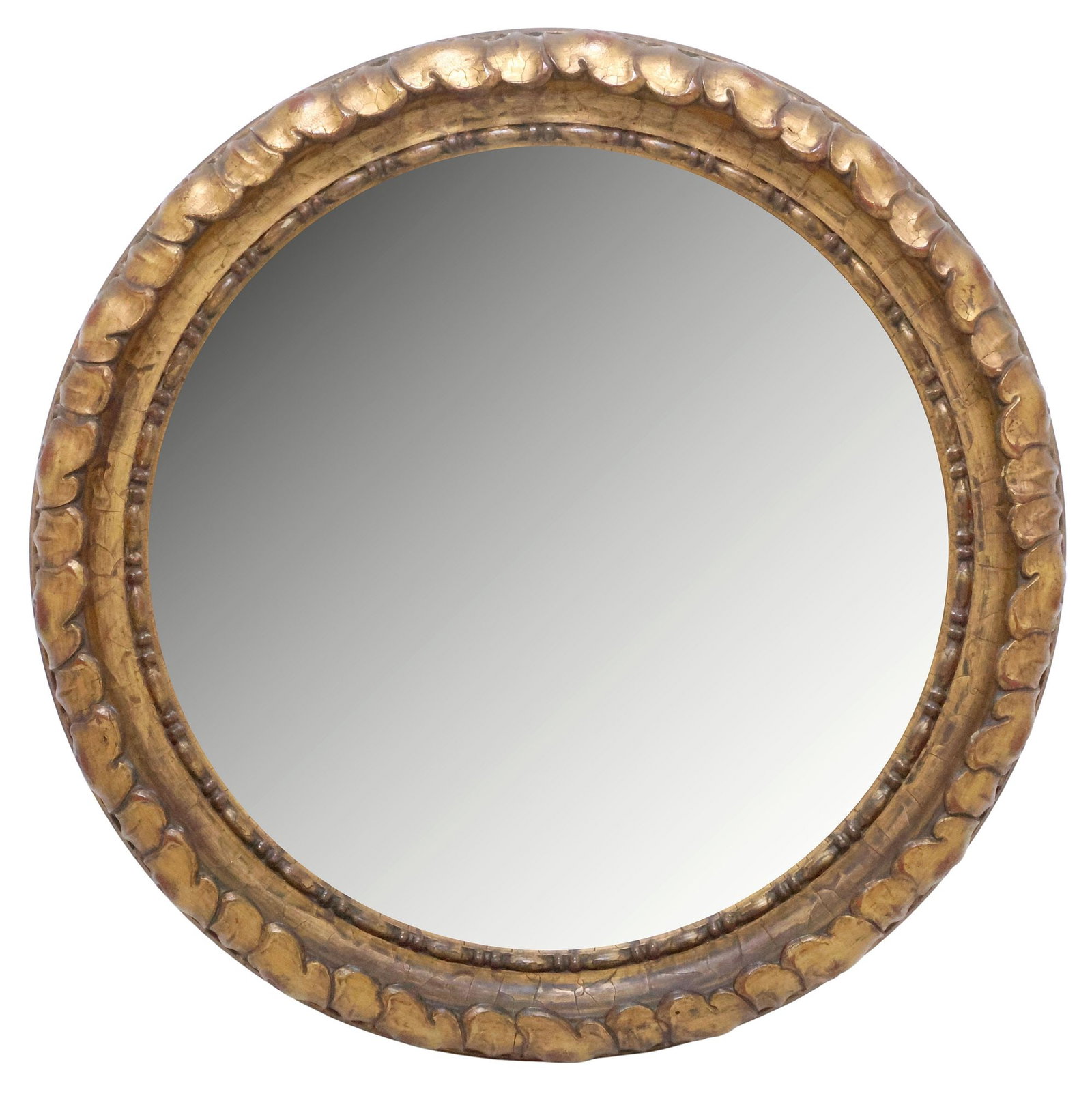 ROUND GILT-PAINTED CONVEX WALL MIRROR: Gilt-painted convex wall mirror, 20th c., circular frame with molded trim and repeating foliate motifs, centering convex mirror plate, approx 17.5"diam, 6lbs