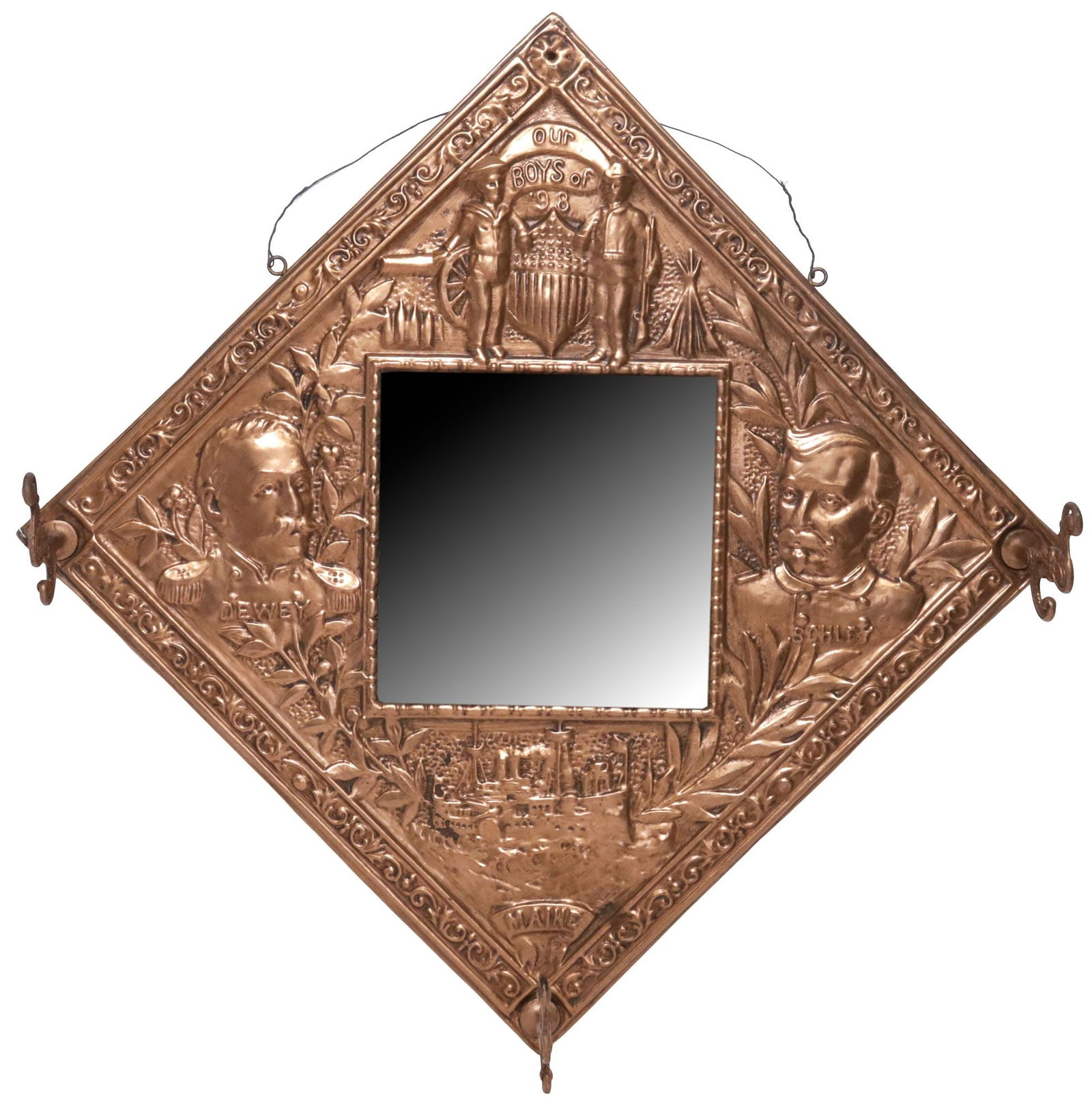 SPANISH AMERICAN WAR COMMEMORATIVE COPPER-CLAD MIRRORED HAT RACK: Commemorative American copper-clad wall-mounted hall tree/ hat rack, 20th c., with central cut pie-crust mirror plate, framed by repousse icons of the Spanish American War, including: the phrase "Our 
