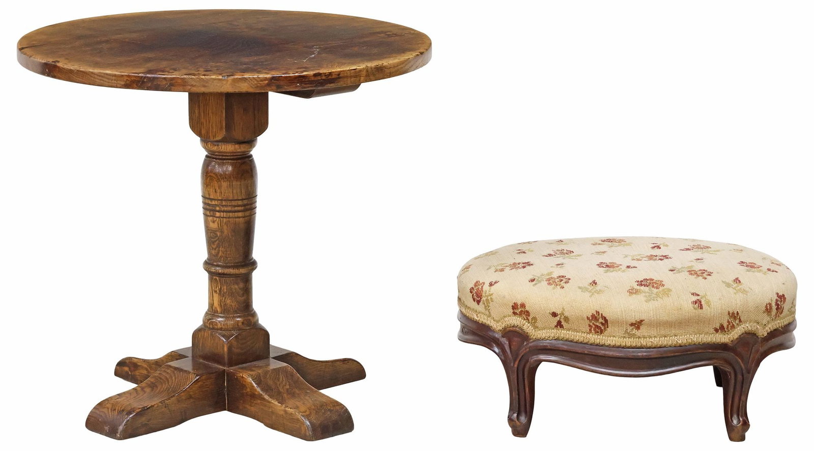 (2) ENGLISH OAK SIDE TABLE & FRENCH LOUIS XV STYLE NEEDLEPOINT OTTOMAN: (lot of 2) English and French oak living room furniture, including: (1) English oak side table, 20th c., round top raised on turned central standard, ending on quadripartite base, approx 18"h, 19"diam