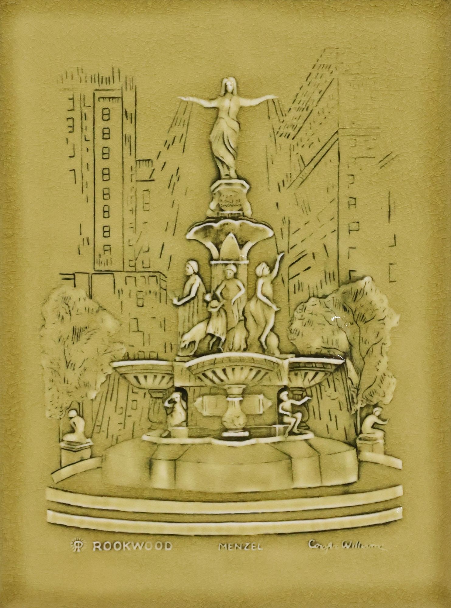 ROOKWOOD POTTERY COMMEMORATIVE RELIEF PLAQUE, FOUNTAIN SQUARE, 2012: American art pottery relief plaque, Rookwood Pottery Company, re-released for the re-dedication of Tyler Davidson Fountain in downtown Cincinnati, Ohio, using the master molds of the original designer
