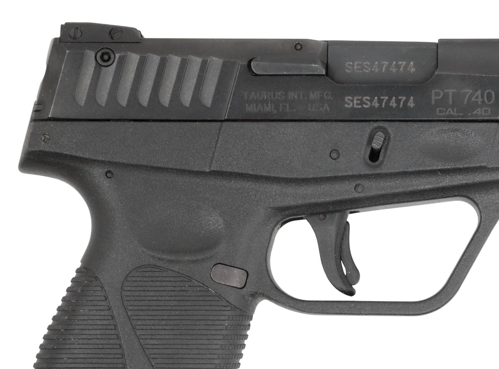 TAURUS PT 740 DA SLIM PISTOL, .40 CALIBER: Taurus, Brazil, PT 740 Slim Pistol, double action, .40 caliber, black finish, steel slide, polymer frame, 3" barrel, white dot front sight, white dot adjustable rear sight, left side thumb safety, det