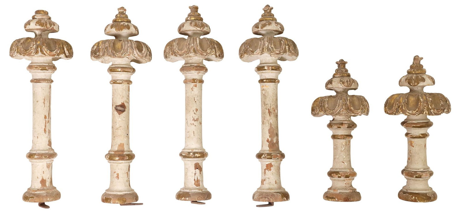 (6) SPANISH BAROQUE STYLE PARCEL-GILT & PAINTED DRAPERY HOLDBACKS: (lot of 6) Spanish Baroque style parcel-gilt and paint-decorated curtain holdbacks, 19th c., each of turned form, in a worn off-white/ gray painted finish, lobed and foliated terminals, in two varied 