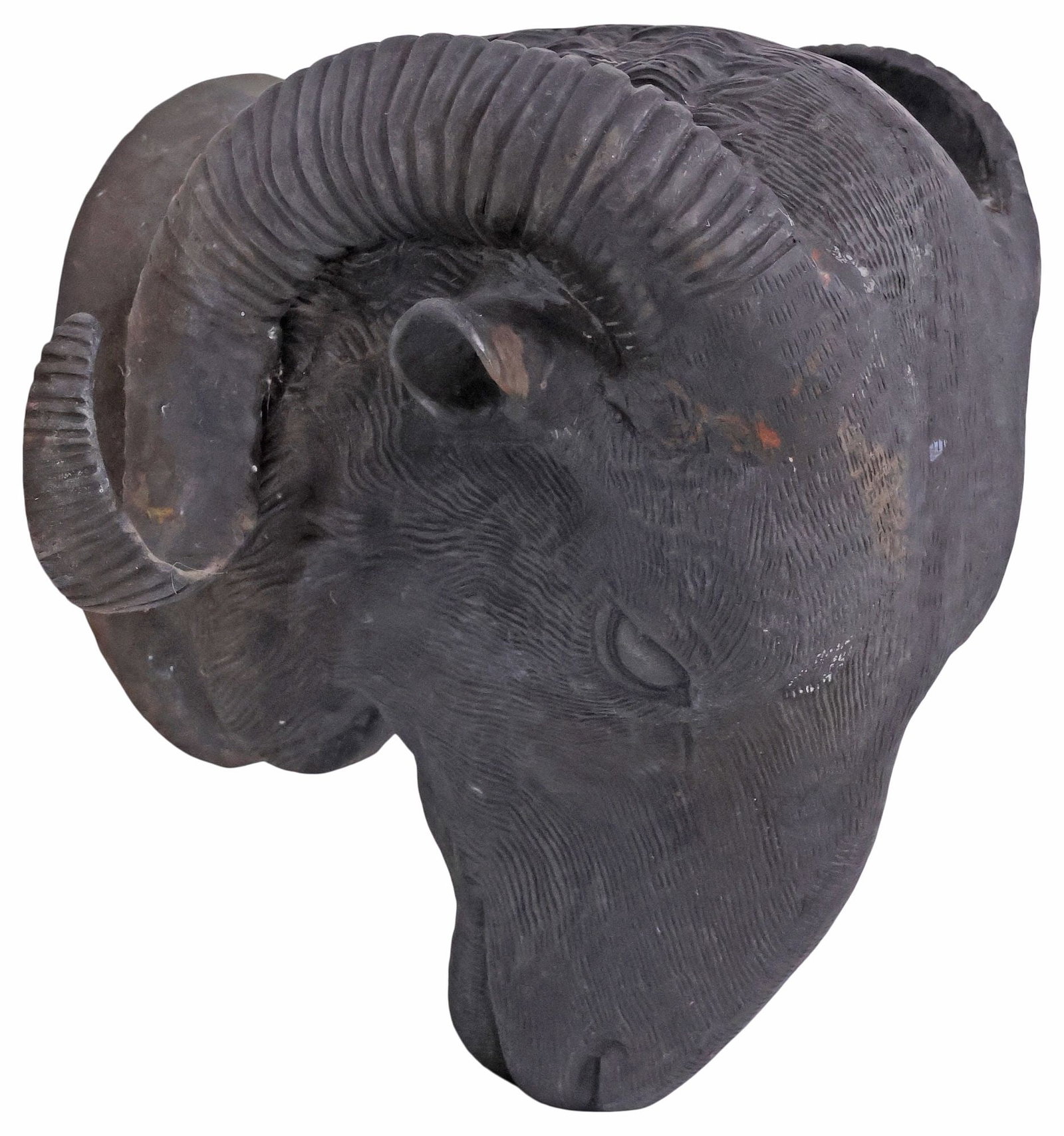 PATINATED BRONZE WALL-MOUNTED ARCHITECTURAL SCULPTURE, RAM'S HEAD: Patinated bronze wall-mounted architectural sculpture, Ram's Head, approx 5.5"h, 8"w, 7.25"d, 5.75lbs