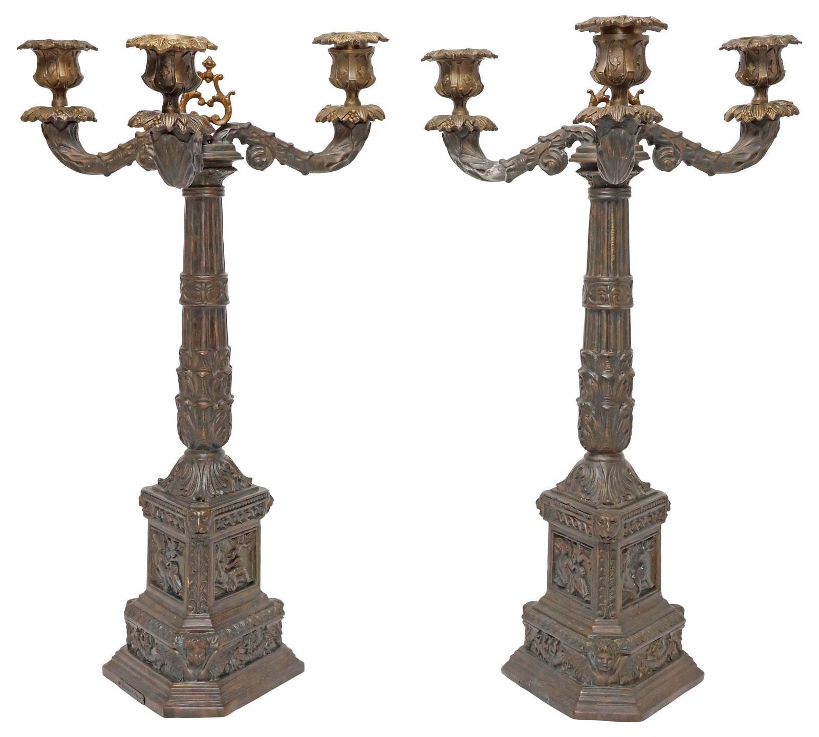 (2) NEOCLASSICAL STYLE PATINATED BRONZE 3-LIGHT CANDELABRA: (pair) Neoclassical style patinated bronze three-light candelabra, late 19th c., each having fluted columnar standard with acanthus foliate motifs, issuing three scrolled arms, rising on tripartite so