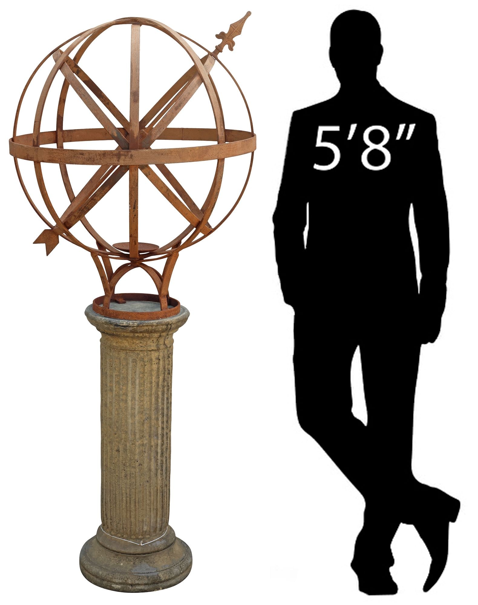 LARGE CAST IRON ARMILLARY GLOBE GARDEN SCULPTURE ON COLUMN, 68"H: Large cast stone and iron garden sculpture, Armillary Globe, rising on columnar pedestal, small chip top upper edge of pedestal, globe: approx 34.5"h, 28"diam, base: approx 33.5"h, 13"diam, overall: a