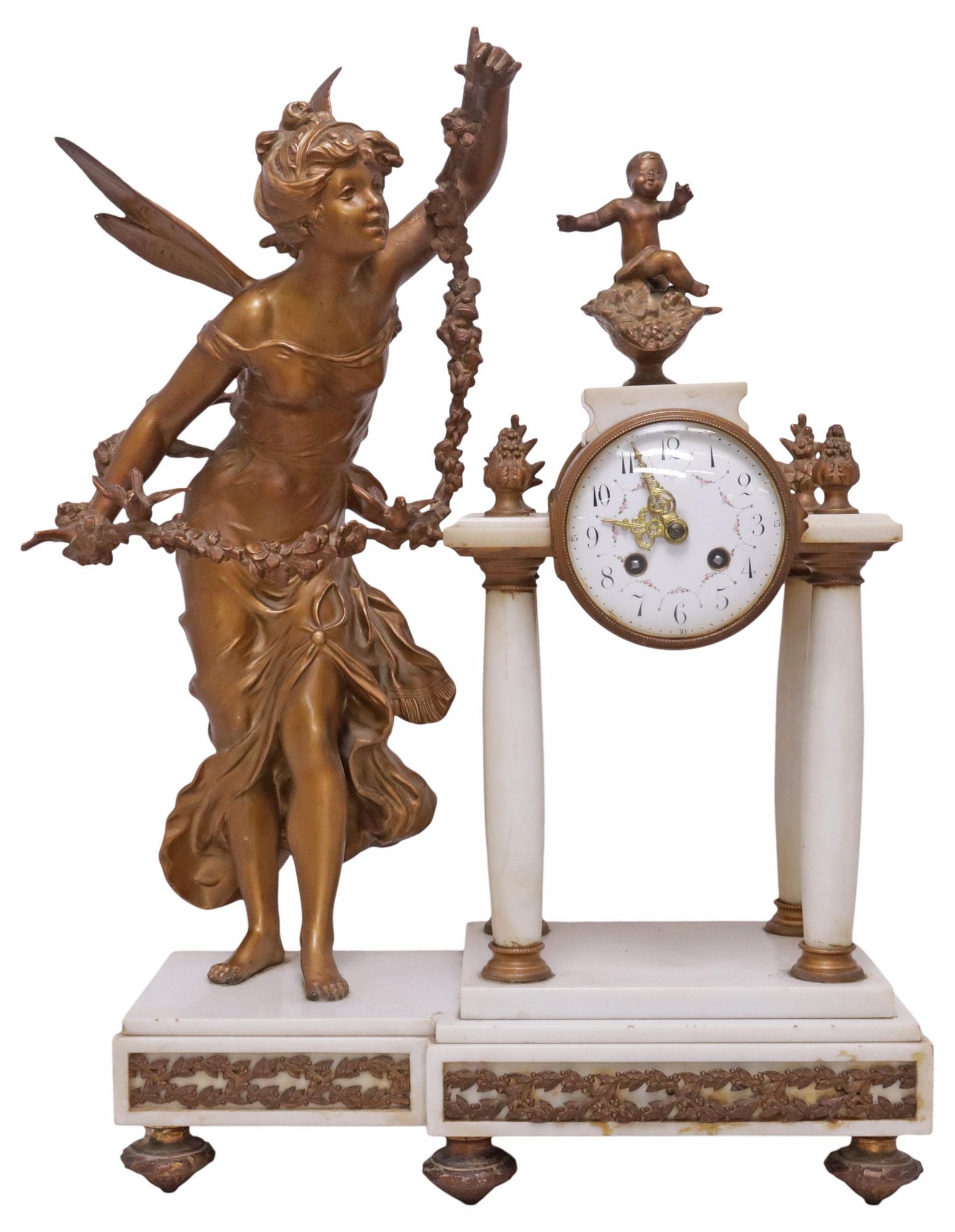 FRENCH AUGUSTE MOREAU STYLE SPELTER & MARBLE FIGURAL FAIRY MANTEL CLOCK (1 of 9)