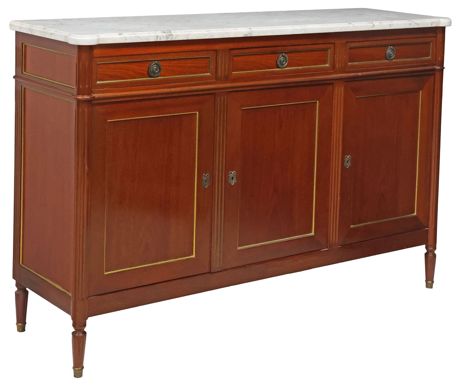 FRENCH LOUIS XVI STYLE MARBLE-TOP MAHOGANY SIDEBOARD: French Louis XVI style mahogany sideboard, 20th c., shaped marble top, over three drawers, and three paneled cabinet doors, each enclosing adjustable shelving, gilt-metal trim, flanked by fluted corne