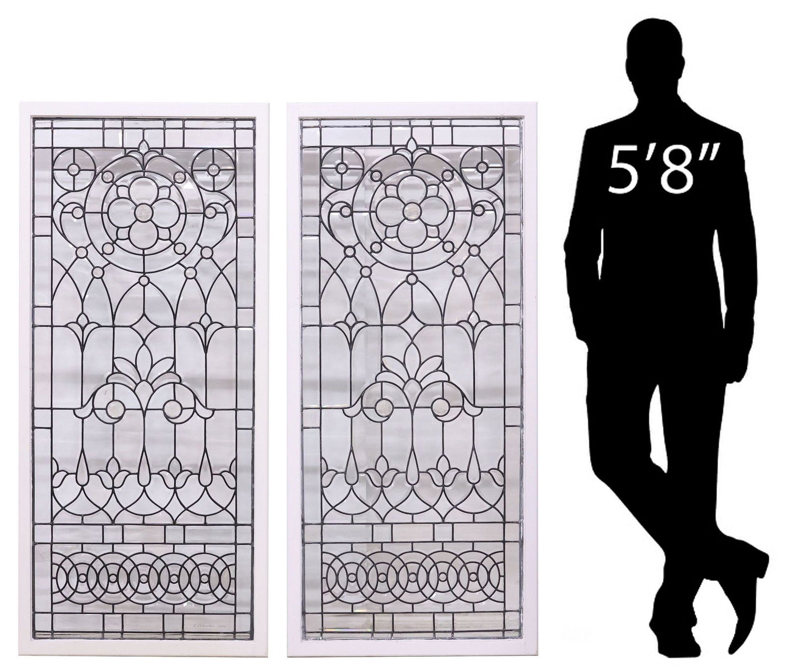 (2) LARGE CASA PELLANDINI ARCHITECTURAL LEADED GLASS WINDOWS, 62"H: (pair) Architectural leaded glass windows, Casa Pellandini, Mexico, early 20th c., white painted wood frame, encasing clear beveled glass panels, forming floral motifs, signed lower right C. Pellandin