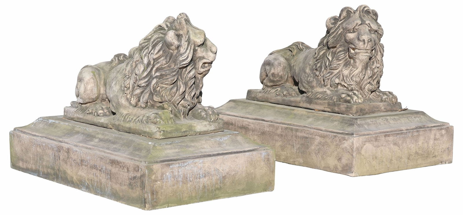 (2) LARGE CAST STONE GARDEN SCULPTURES, RECUMBENT LIONS, 31.5"H: (pair) Large cast stone garden statuary, Recumbent Lions, each rising on base, lion: approx 20.5"h, 16"w, 36"d, base: approx 11"h, 44"w, 25.5"d, overall: approx 31.5"h, 44"w, 36"d **Note: additional m