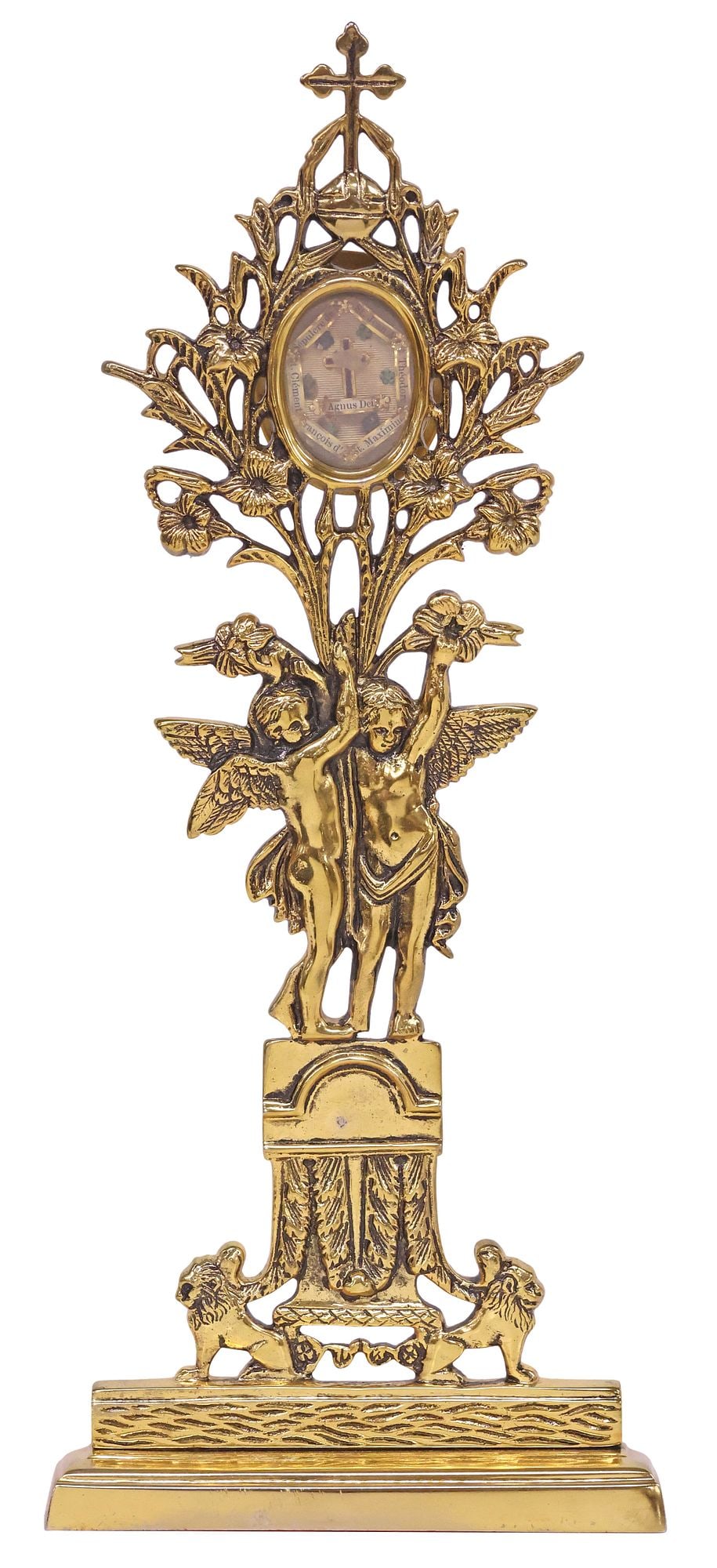 FIGURAL ALTAR RELIQUARY HOUSING SEVEN RELICS, 1 OF THE HOLY SEPULCHRE: Gold-tone metal multi-relic theca reliquary, housing (seven) Catholic relics, comprising a fragment of the Sepulchre of Our Lord, and Saints John the Apostle, Theodore (early martyr), Maximinus of Aix