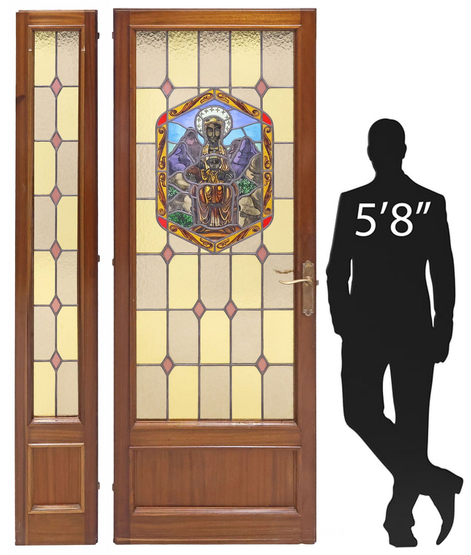 (2) STAINED & PAINTED LEADED GLASS 'MADONNA & CHILD' ARCHITECTURAL DOORS: (lot of 2) Continental stained and leaded glass architectural doors, each with textured two-toned yellow ground with orange diamond motifs, housed in paneled mahogany frames, including: (1) door, cent