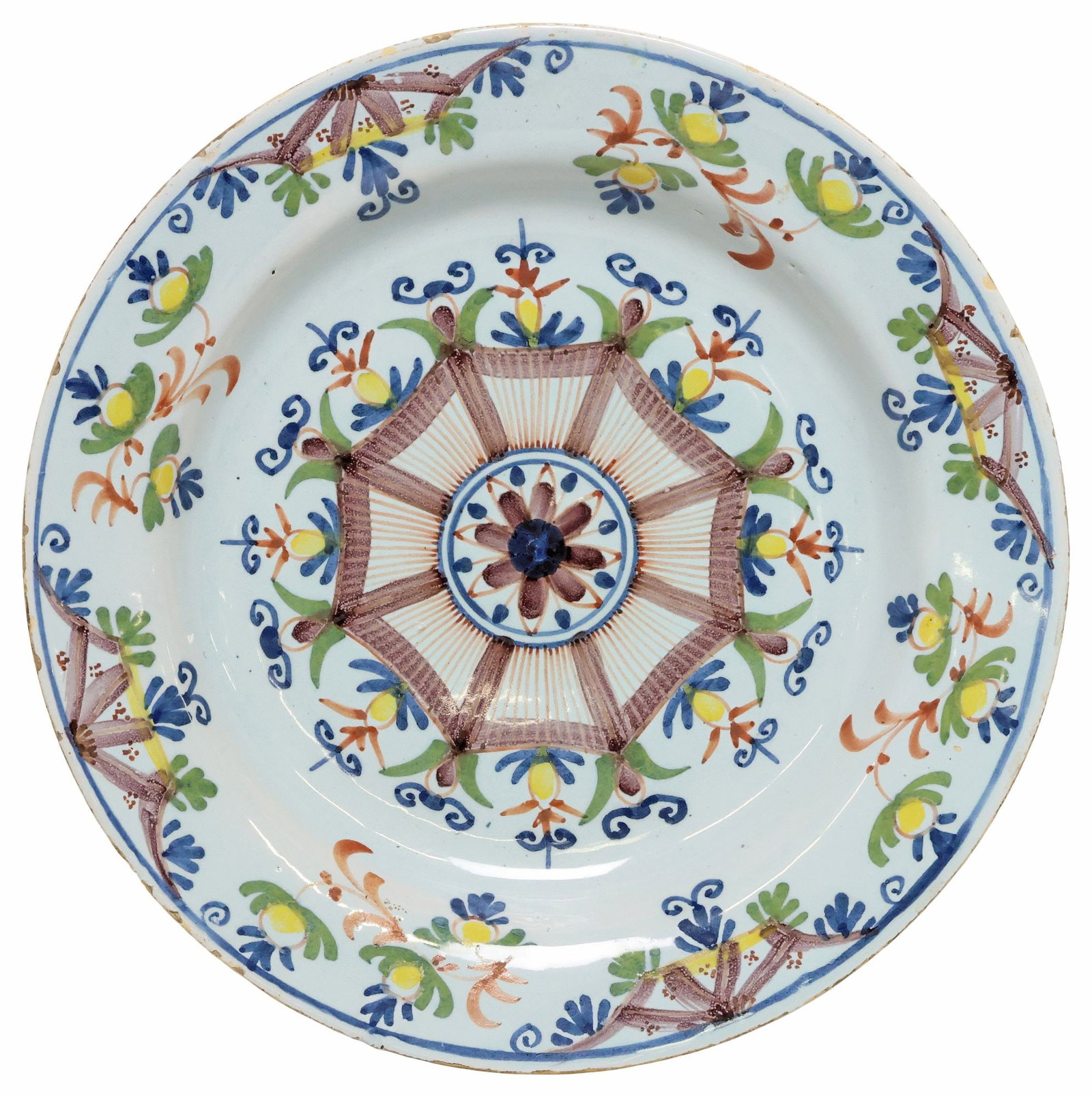 DUTCH DELFT POLYCHROME RADIATING FLORAL PLATE, 18TH C.: Dutch Delft polychrome tin-glazed earthenware plate, mid 18th c., central floral medallion, framed by radiating foliate motifs, approx 11.75"diam, 2.5lbs **Provenance: from the collection of an Englis